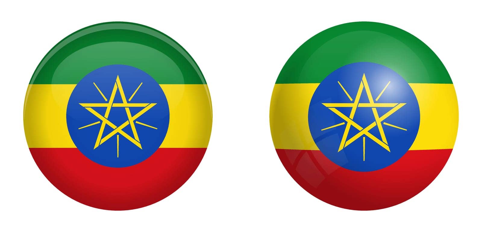 Ethiopia flag under 3d dome button and on glossy sphere / ball.