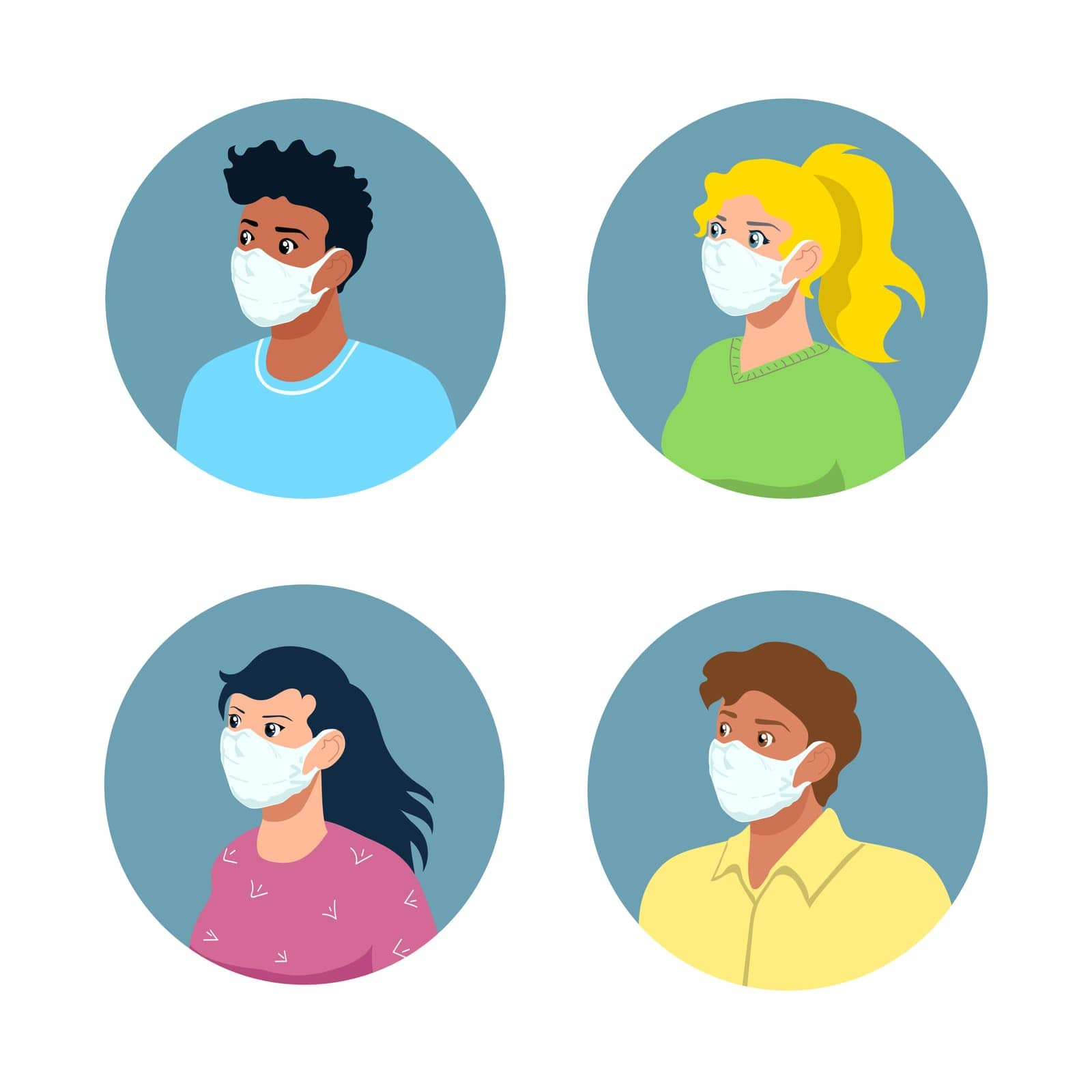 People of four different ethnicities and cultures, portraits of young men and women, wearing facial masks (removable). Stay Safe, diversity social concept. Editable avatar cartoon vector set