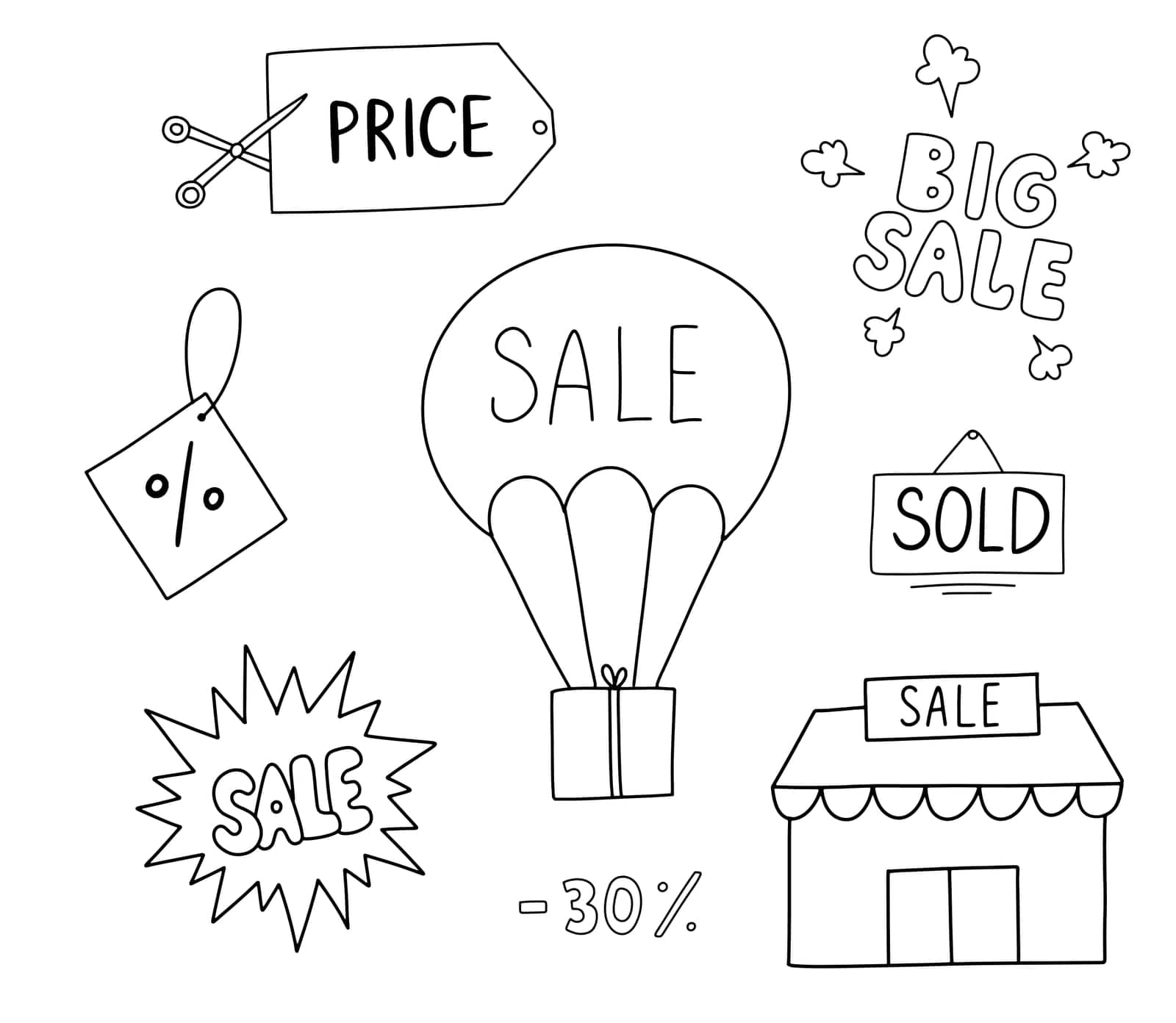 Outline store with sale sign. Sale doodle signs set isolated on white background. Vector sketch