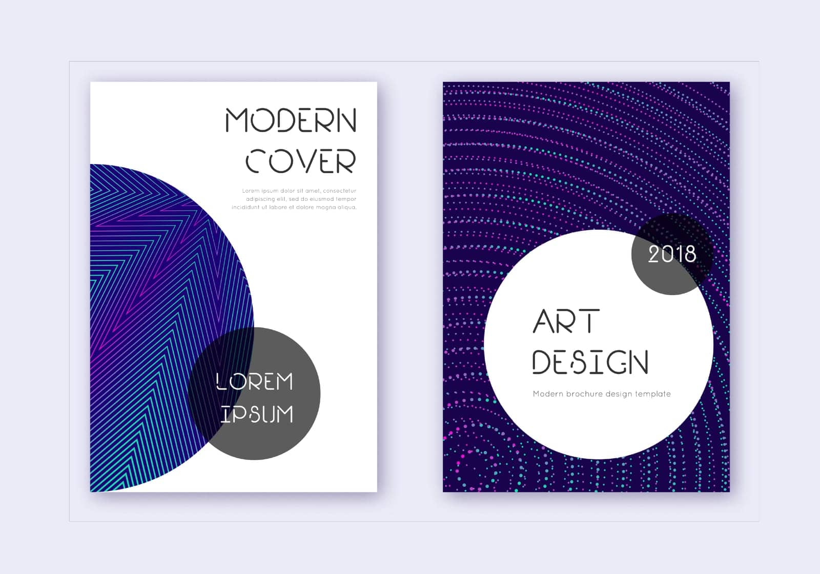 Trendy cover design template set. Neon abstract lines on dark blue background. Graceful cover design. Decent catalog, poster, book template etc.