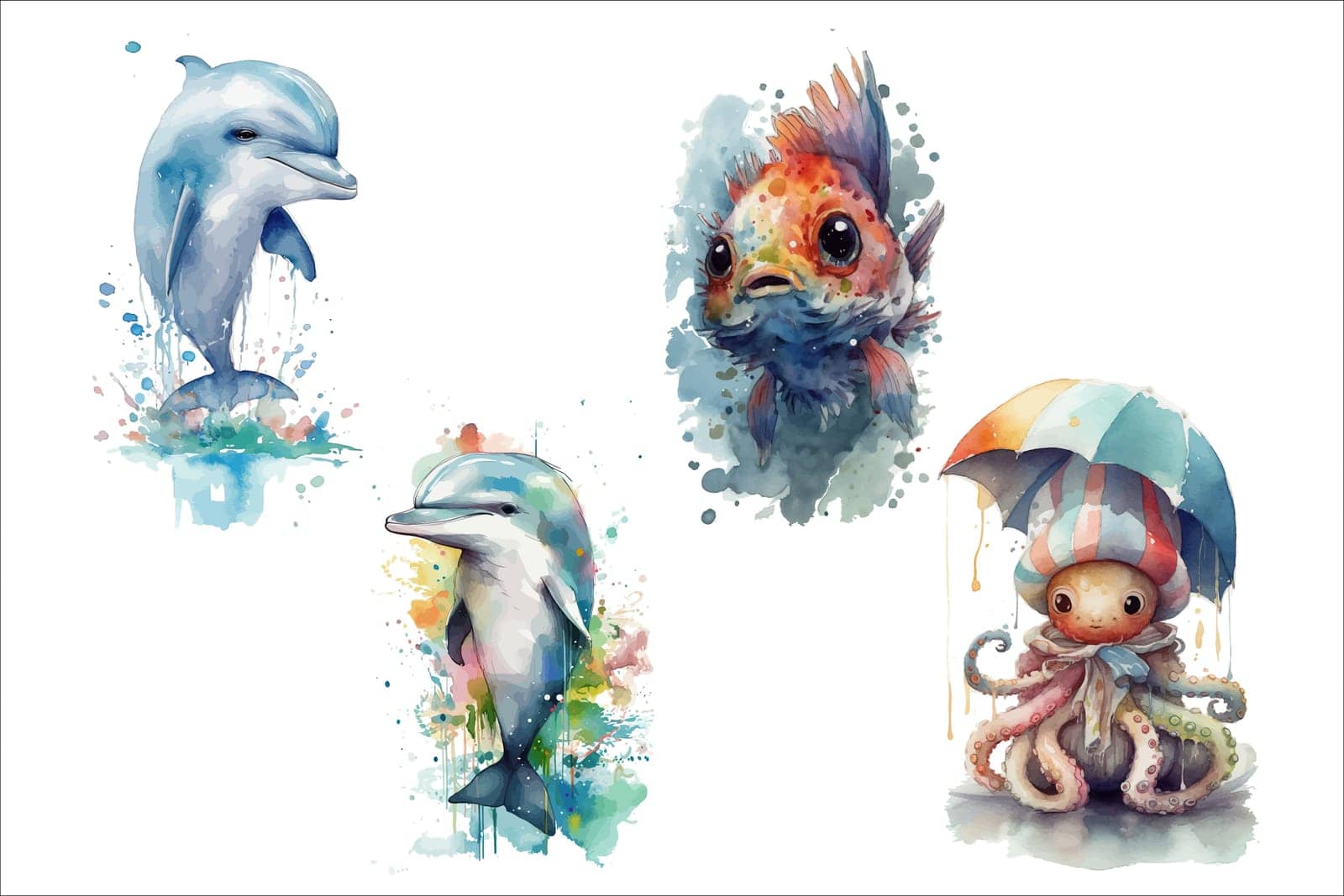 Safari Animal set fish. shell, dolphin, octopus in 3d style. Isolated vector illustration