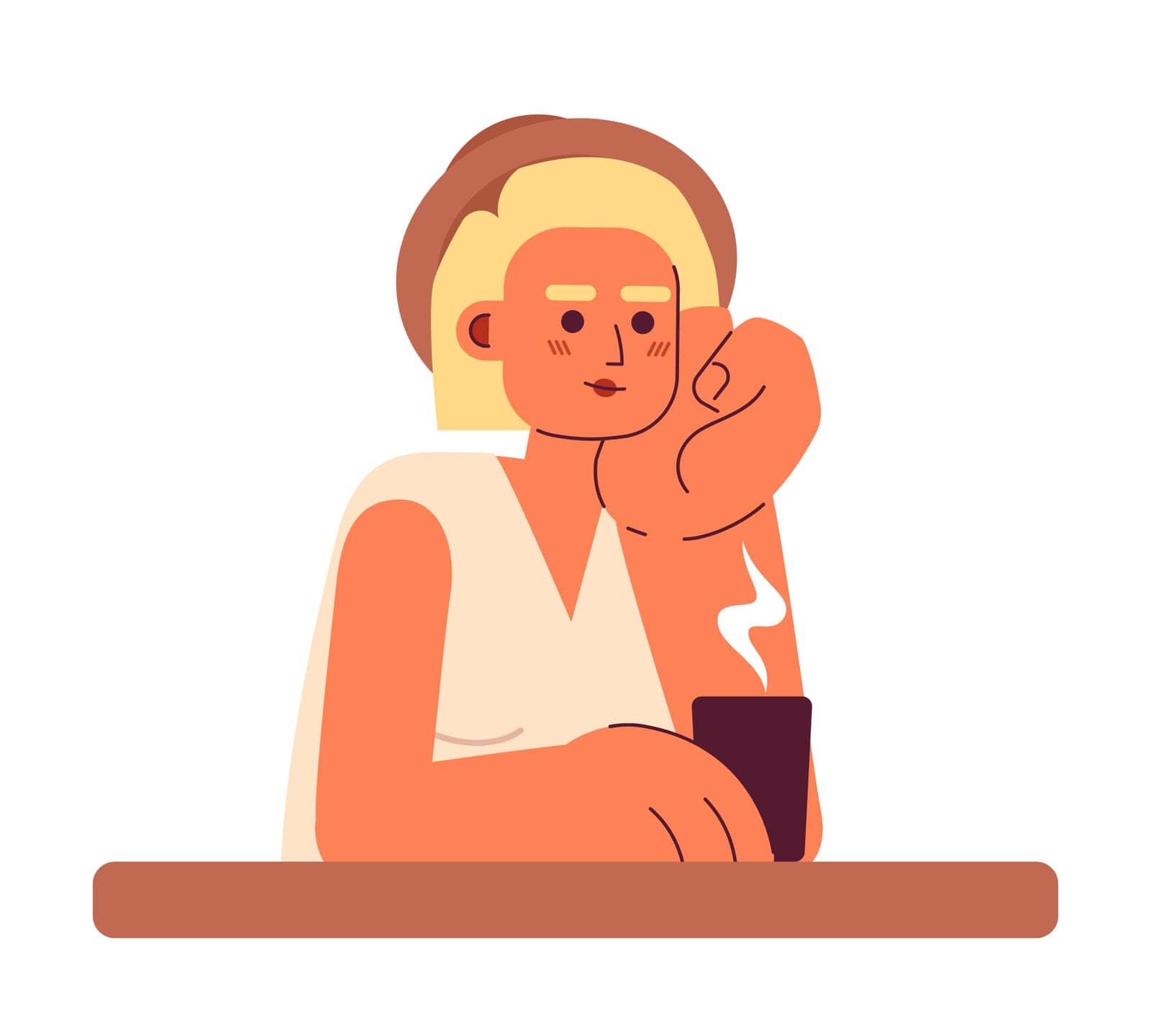 Female traveler sitting with hand on cheek and drinking tea semi flat colorful vector character. Editable half body person on white. Simple cartoon spot illustration for web graphic design, animation