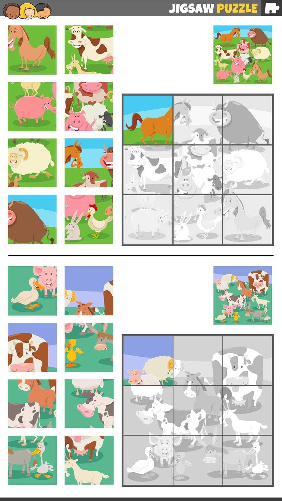 Cartoon illustration of educational jigsaw puzzle games set with farm animals characters group