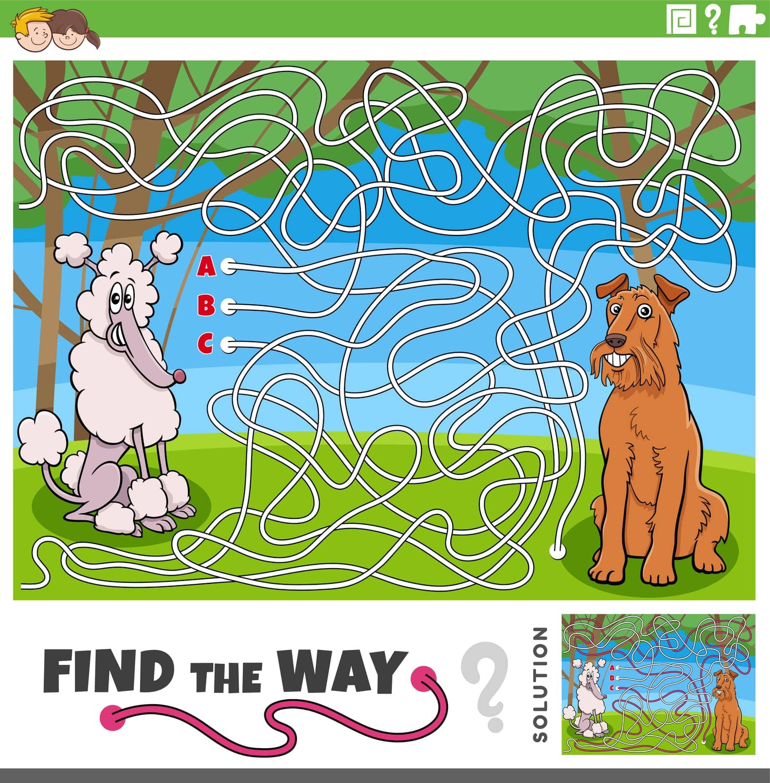 Cartoon illustration of find the way maze puzzle activity with funny purebred dogs animal characters