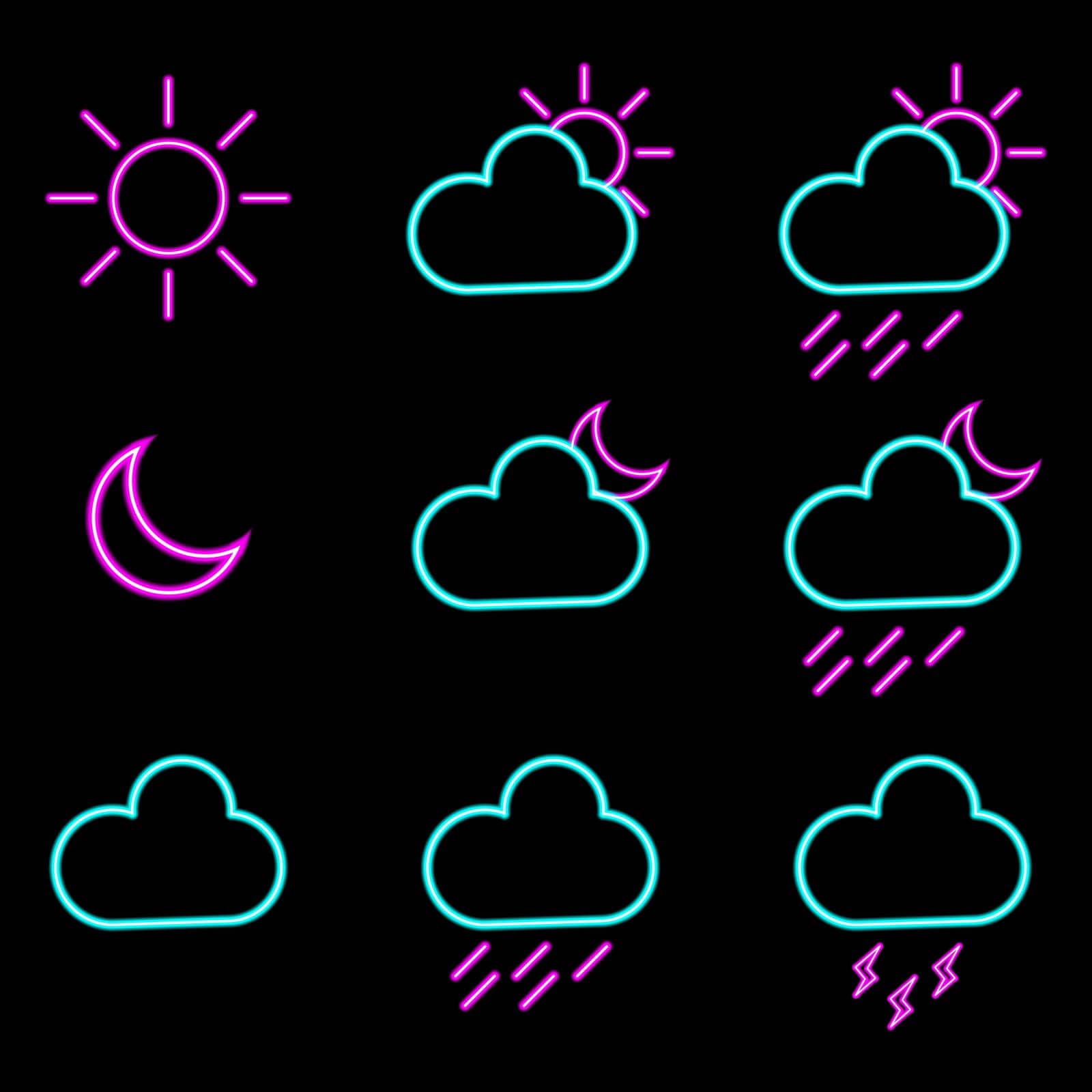 Weather forecast neon light icons set. Vector illustration by Aozora