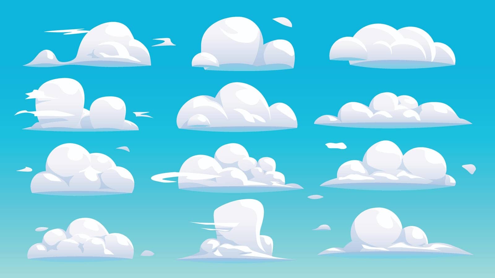 illustration of big set of cute bright various shapes clouds at sunny day in cartoon design isolated on blue sky backdrop