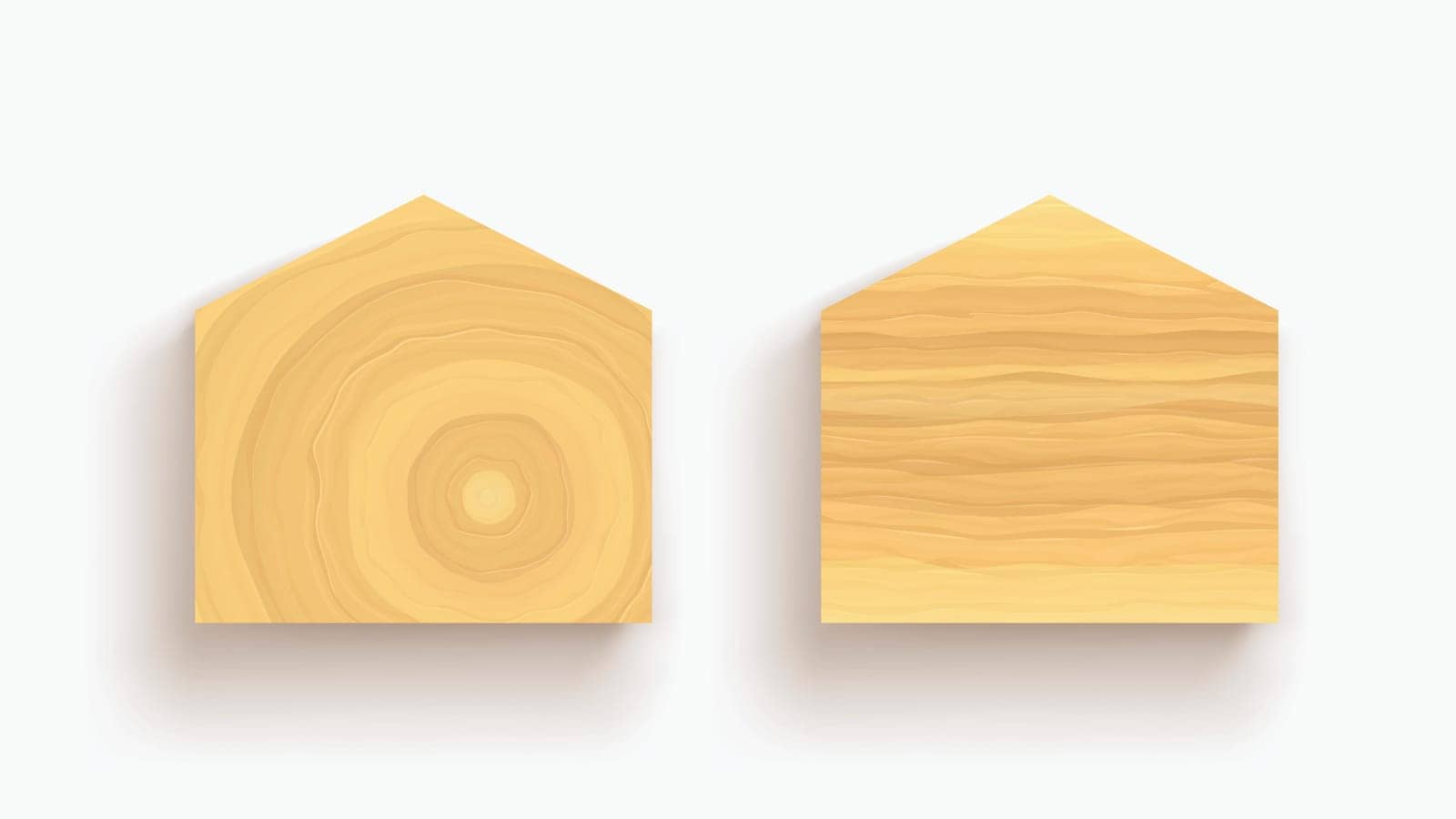 illustration of two same house symbols with barious textures of wood lying on white backdrop with shadow