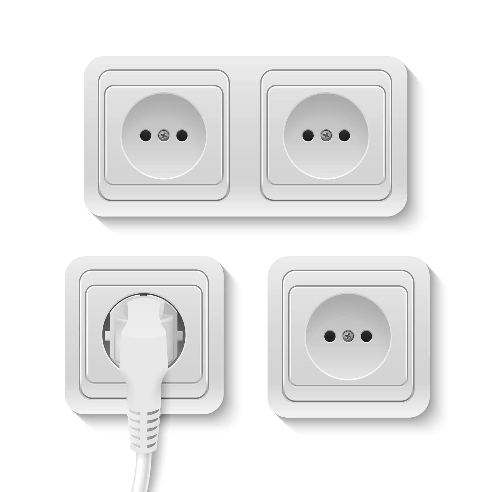 Set of realistic plastic power sockets isolated on white. Vector EPS10 illustration.