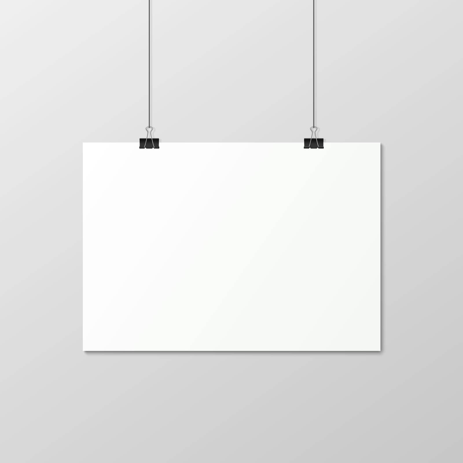 White horizontal poster A4 on a rope. Sheet of paper hangs on two black binder clips. Vector EPS10 illustration.