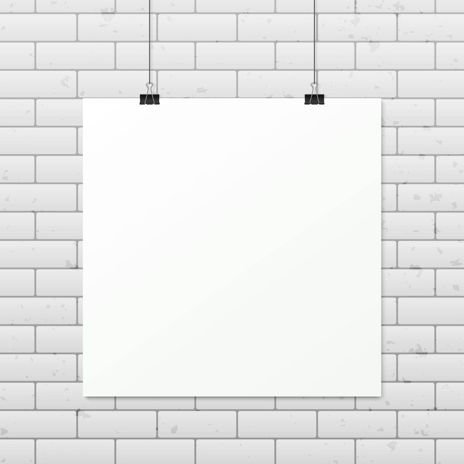 White square poster on a rope. Sheet of paper hangs on two black binder clips. Vector EPS10 illustration.