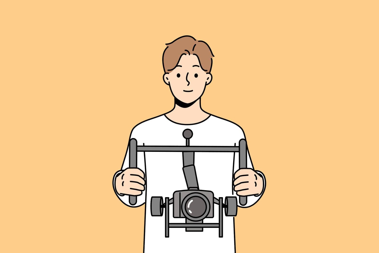 Male operator with professional camera with stabilizer in hands. Man videographer holding dslr camera filming with stabilization. Vector illustration.