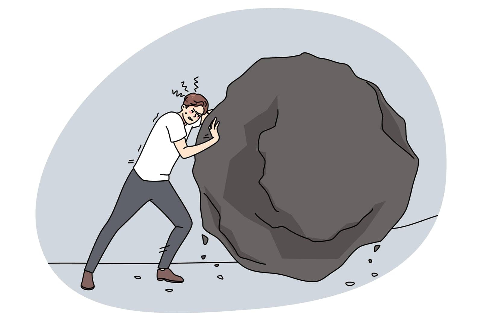 Ambition strong businessman push huge stone reach achieve business goals. Man employee pushing heavy rock or boulder. Obstacles and challenge at work. Flat vector illustration.