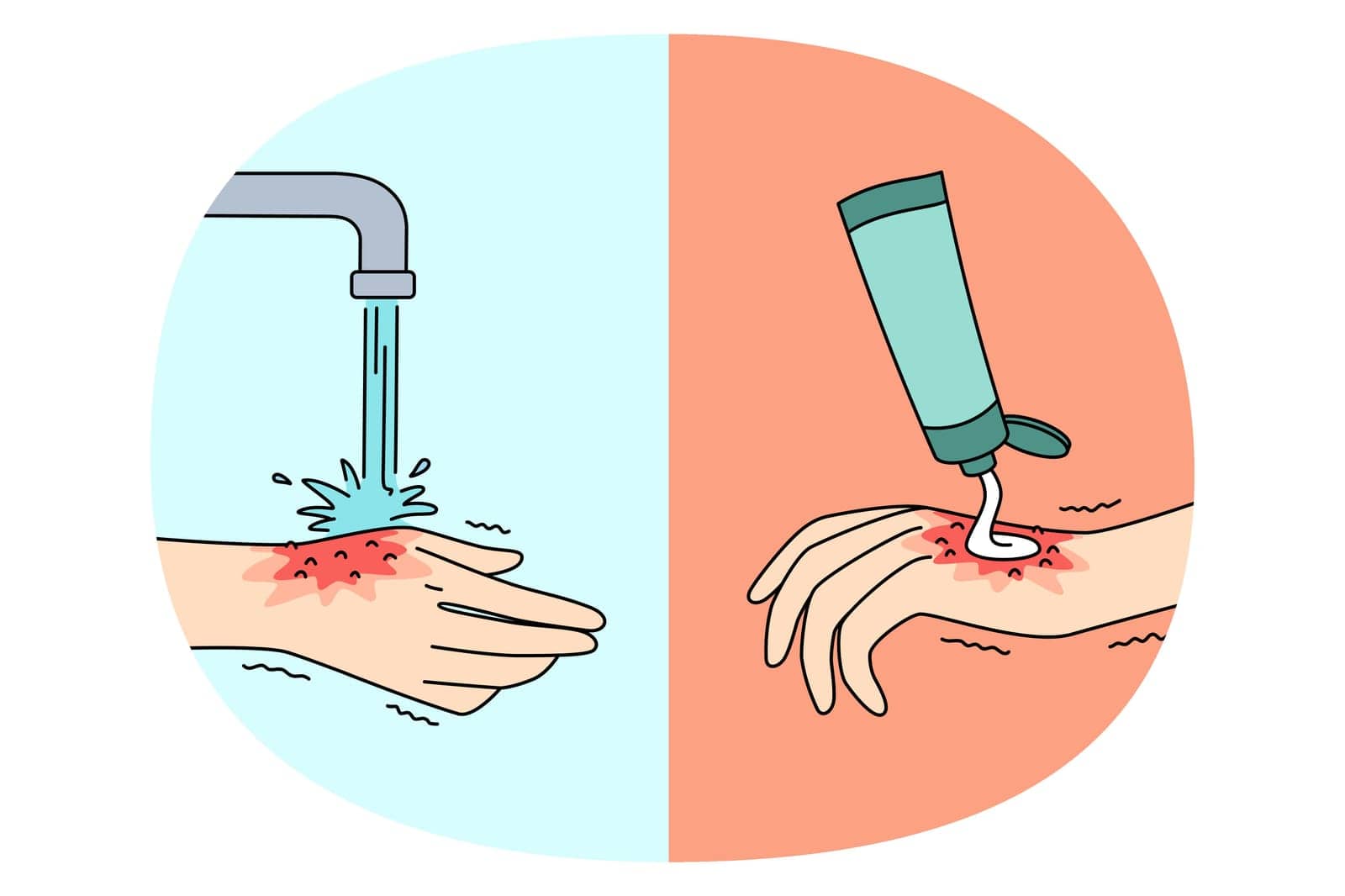 Hygiene and cleaning hands concept. Human hand applying cream and washing with water from tap cleaning saving everyday hygiene and curing injury vector illustration
