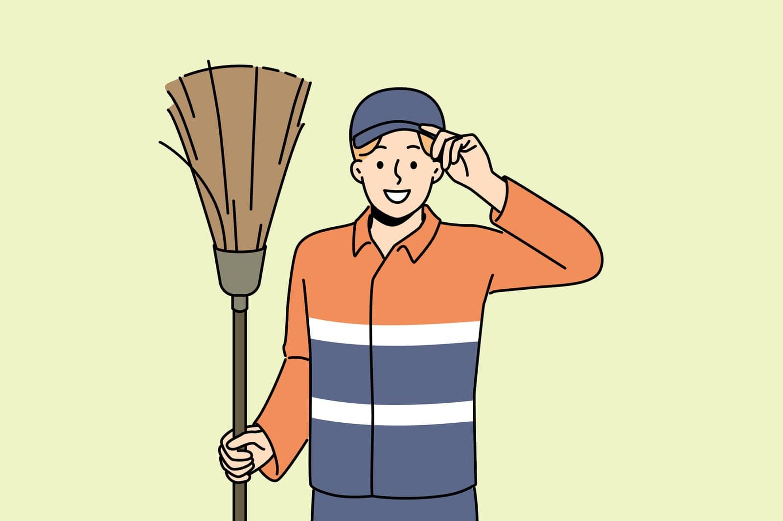 Smiling janitor in uniform saluting by VECTORIUM