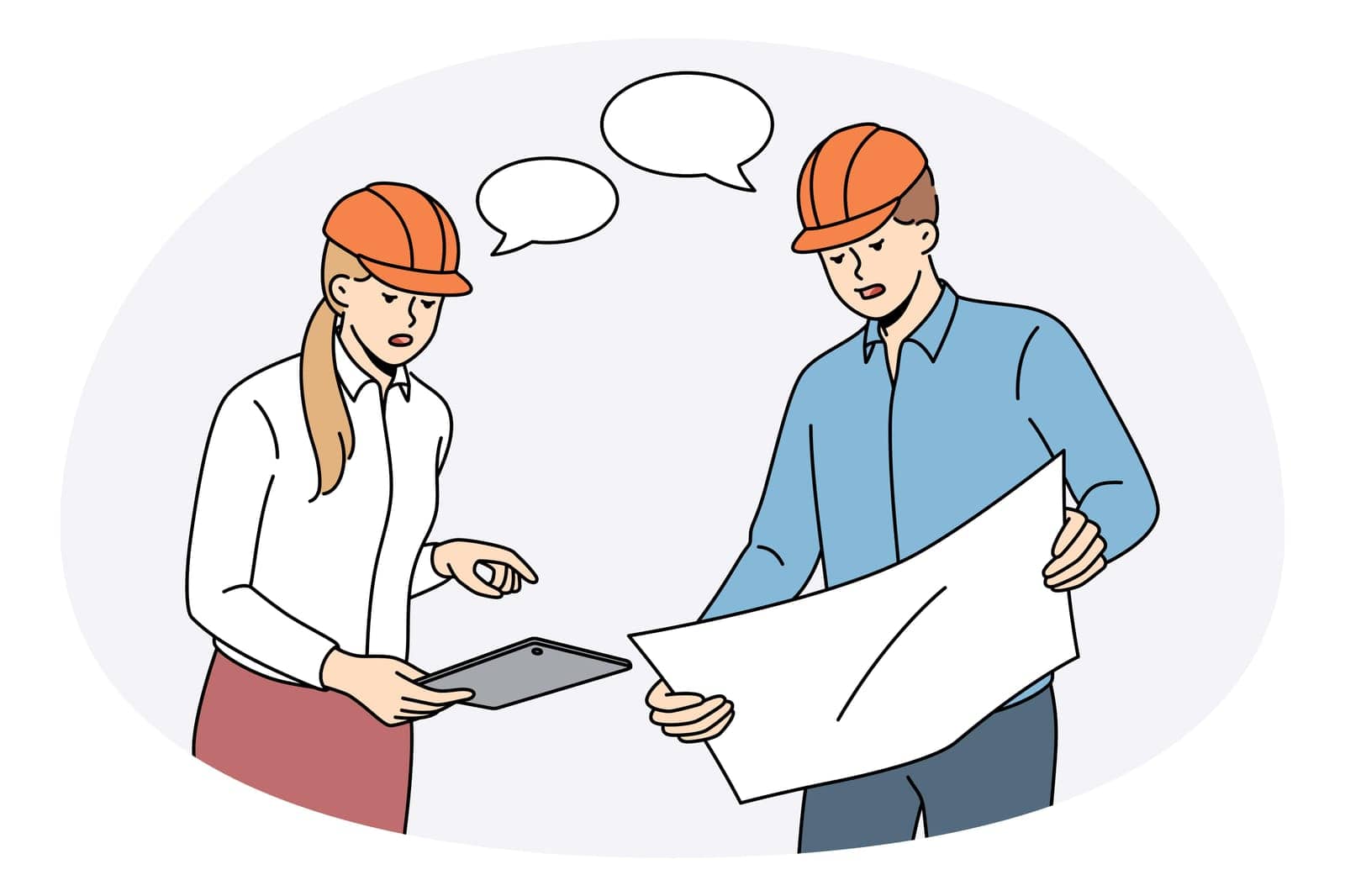 Construction engineers and workers concept. Young woman and man workers engineers teammates in helmets standing and discussing plan of blueprints construction vector illustration