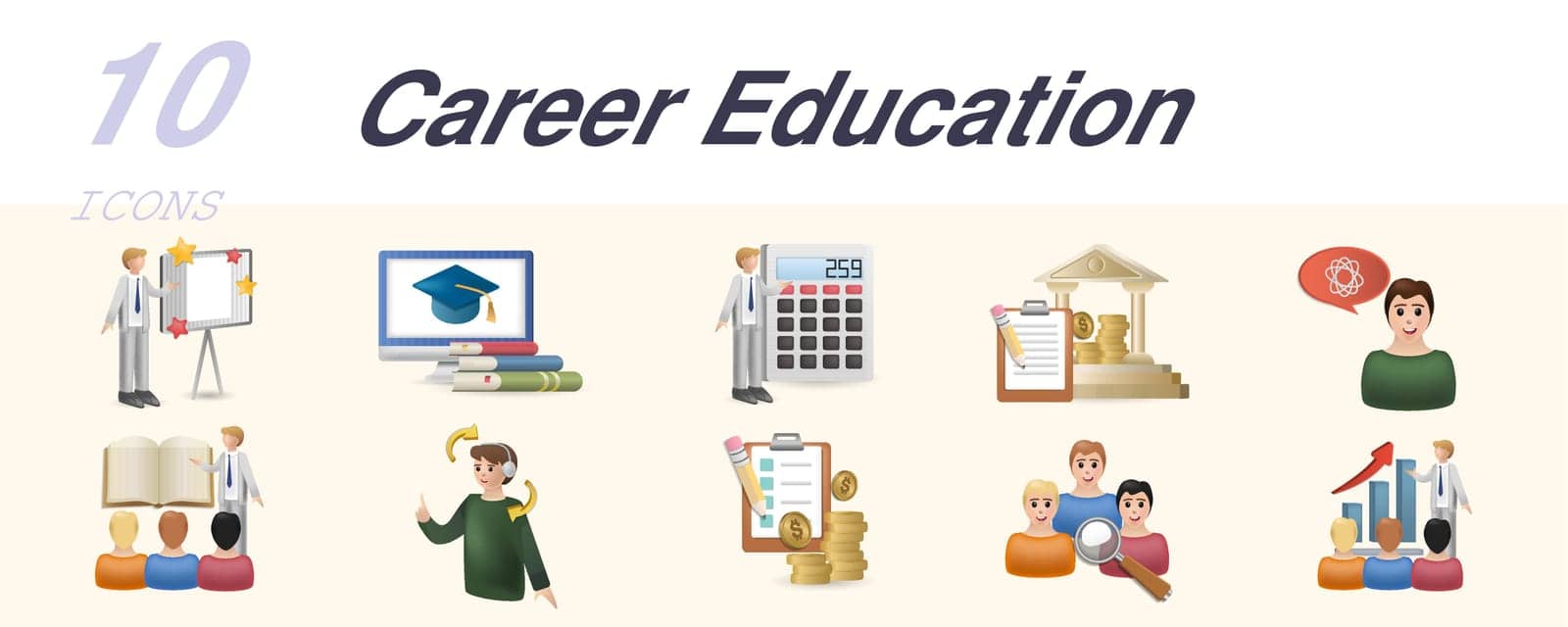 Career education icons set. Creative elements: presentation, lessons, accounting staff, loan, thinking, teaching, help, economy project, human analysis, business training.