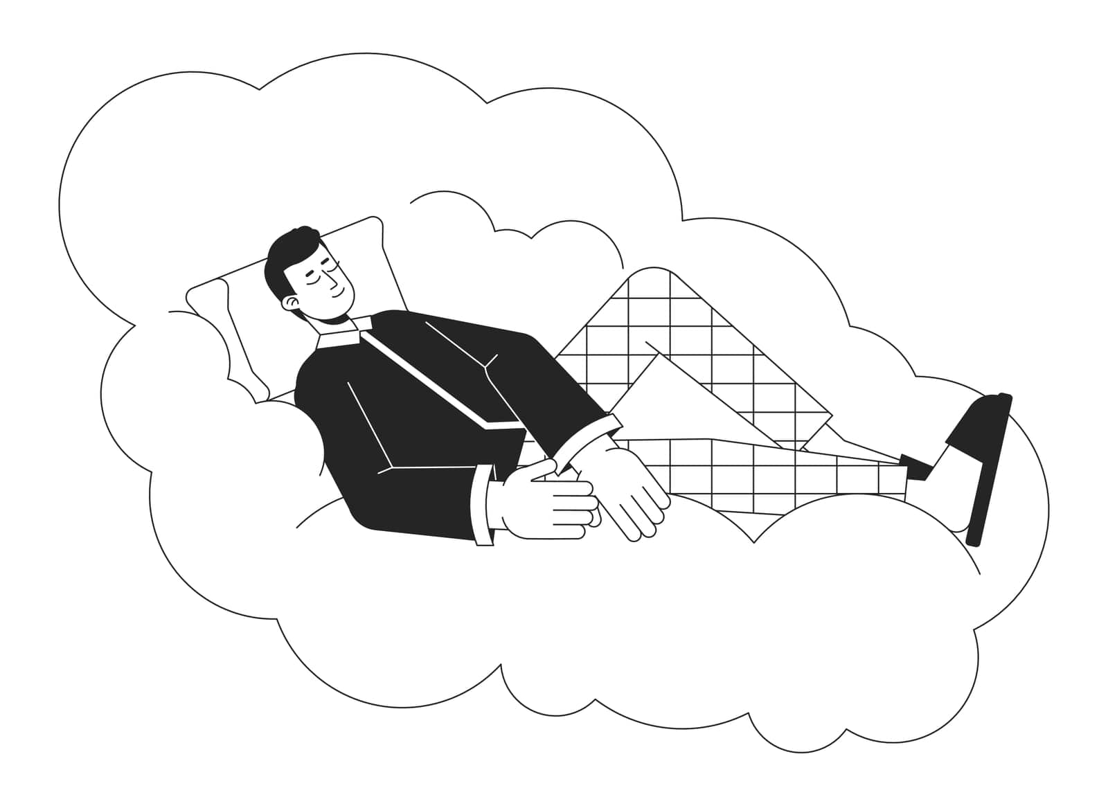 Good night sleep bw concept vector spot illustration. Man sleeping peaceful on cloud 2D cartoon flat line monochromatic character for web app UI design. Mental health editable outline hero image
