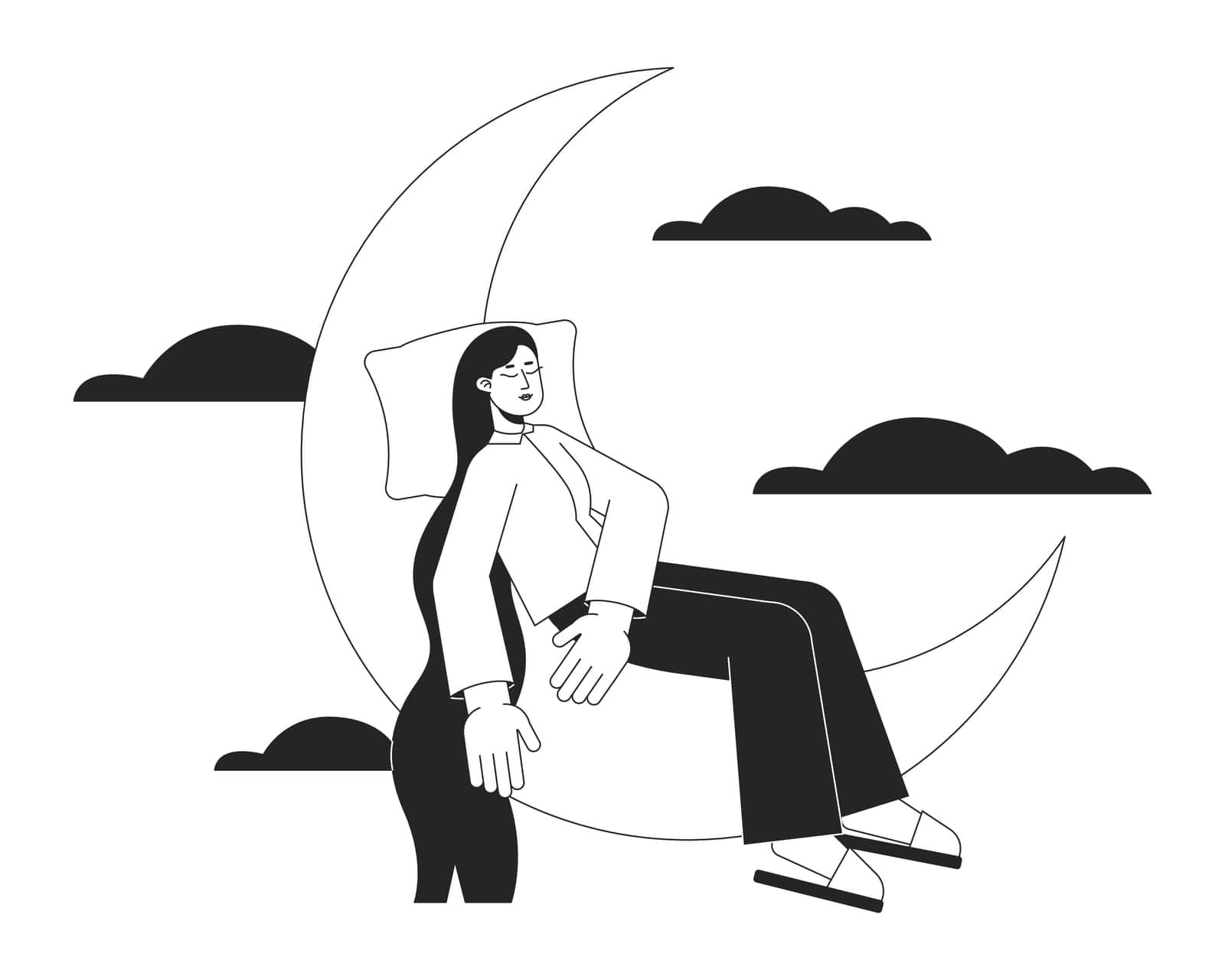 Healthy sleep hygiene bw concept vector spot illustration. Woman napping on crescent 2D cartoon flat line monochromatic character for web app UI design. Mental wellbeing editable outline hero image