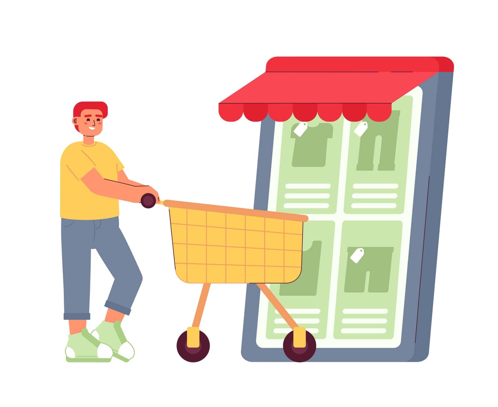 Online clothing store flat concept vector spot illustration. Man with trolley cart purchasing clothes on phone. Editable 2D cartoon character on white for web UI design. Shopping creative hero image