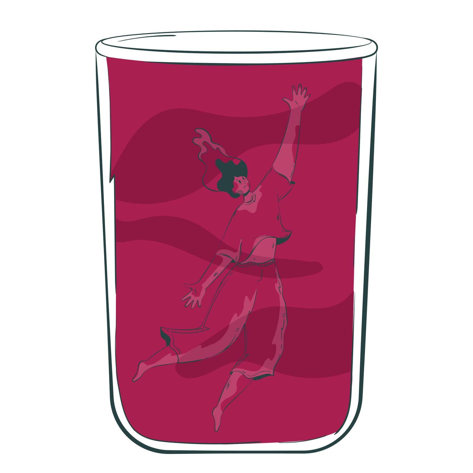 woman on a drunken spree. Conceptual illustration of the consequences of alcoholism with a depressed character with alcohol addiction drowning in a glass of alcohol. Unhealthy Lifestyle