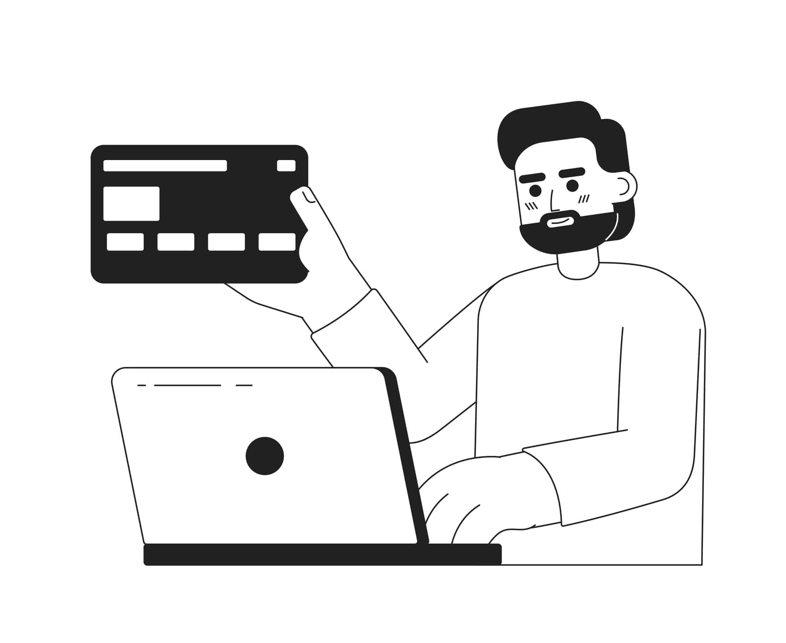 Checkout in online store monochrome concept vector spot illustration. Editable 2D flat bw cartoon character for web UI design. Male customer with laptop, card purchasing goods hand drawn hero image