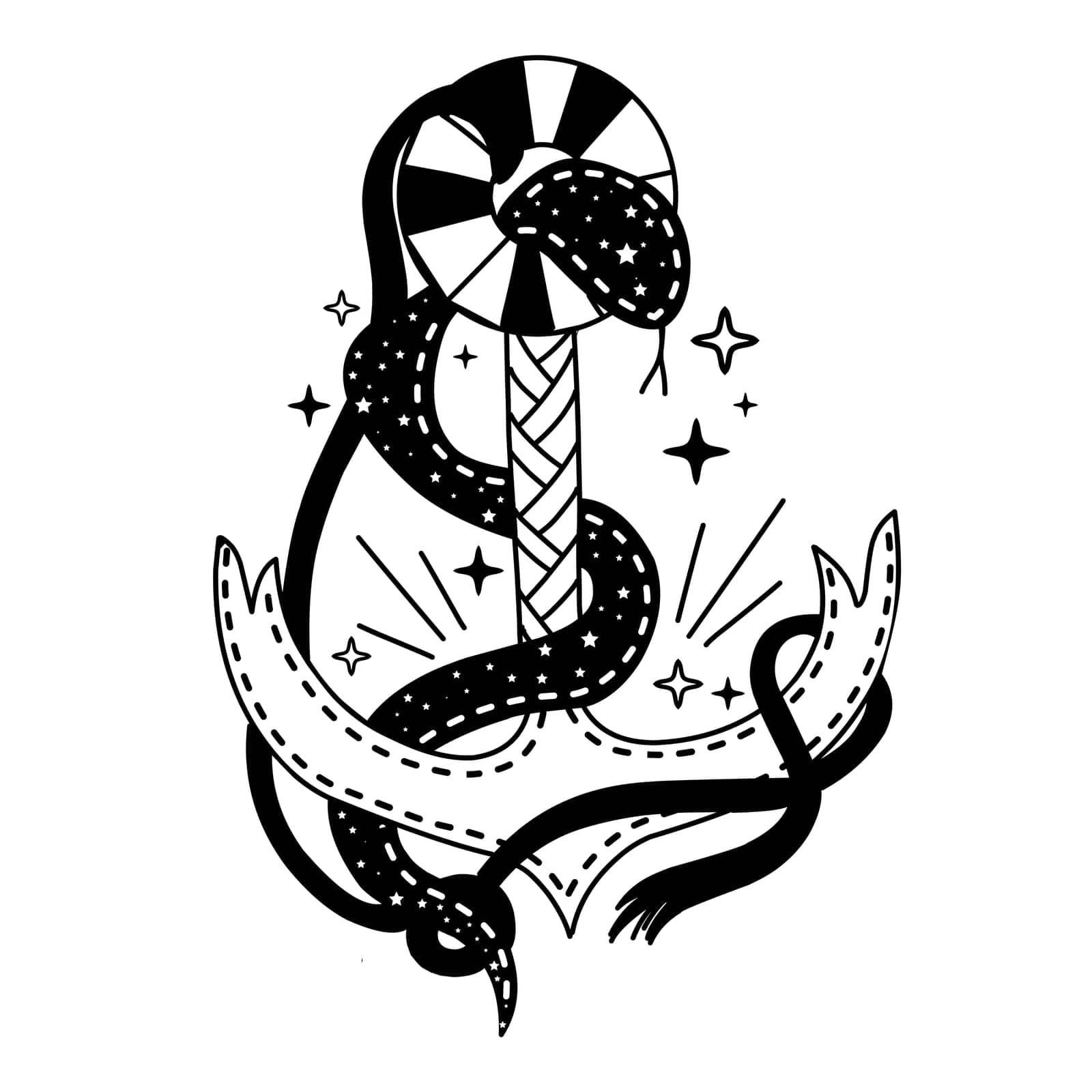 old school tattoo. Anchor. Sea snake. A snake wraps around an anchor.astrology tattoo style by annatarankova