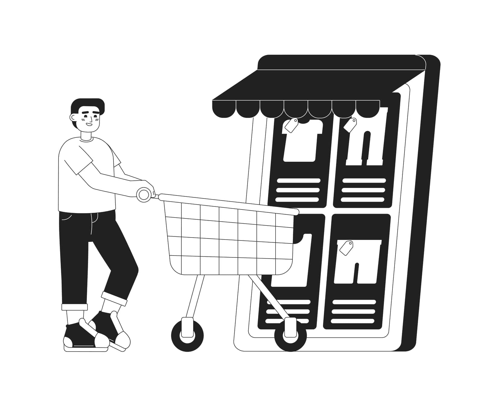 Online clothing store monochrome concept vector spot illustration. Editable 2D flat bw cartoon character for web UI design. Man with trolley cart purchasing clothes on phone hand drawn hero image