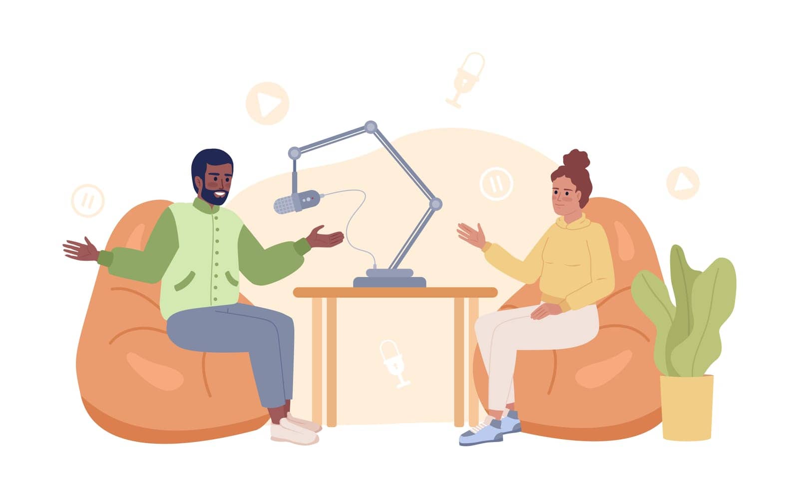 Video podcast 2D vector isolated spot illustration. Live streamers talking on bean bag chairs flat characters on cartoon background. Colorful editable scene for mobile, website, magazine
