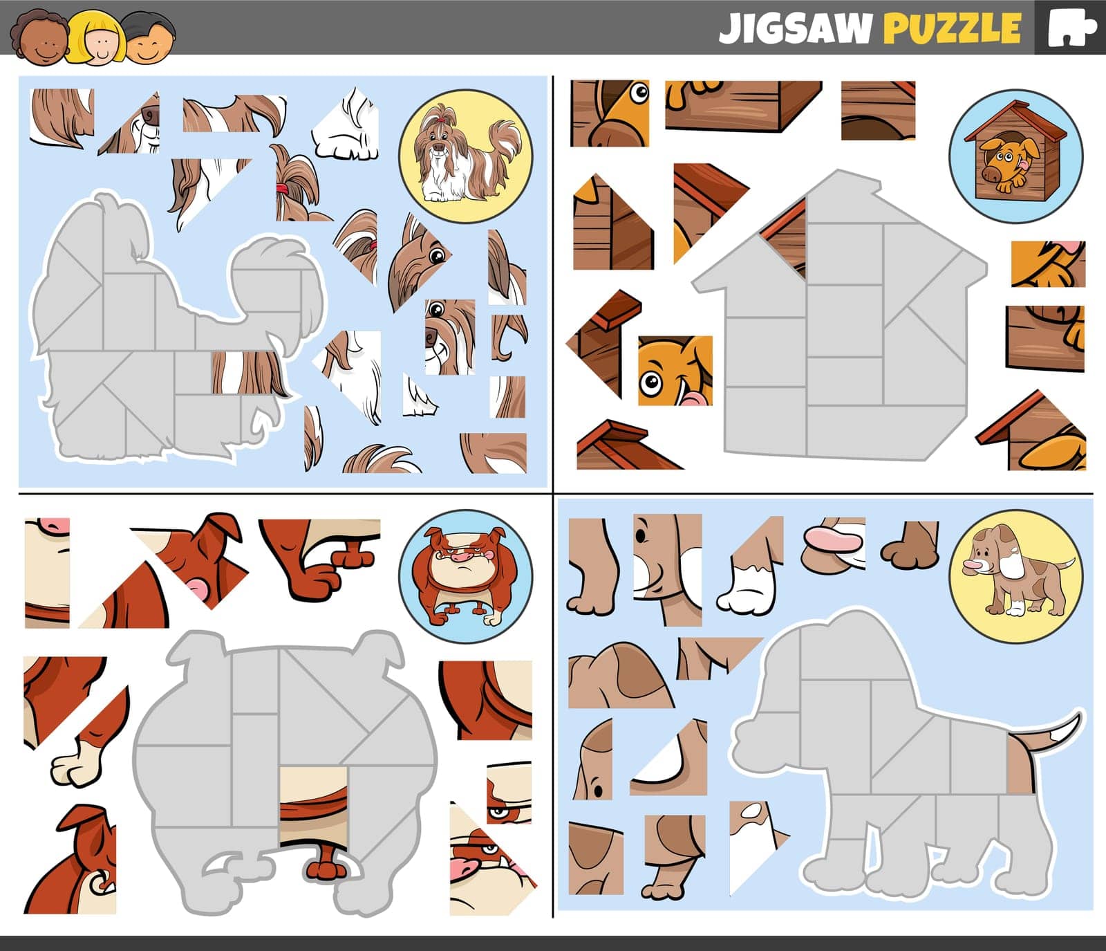 Cartoon illustration of educational jigsaw puzzle games set with dogs animal characters