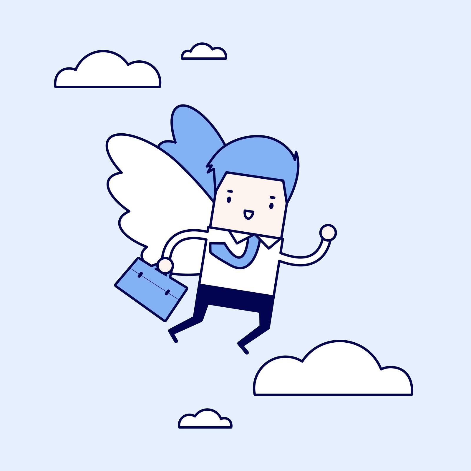 Businessman flying with his wing. Cartoon character thin line style vector. by windawake