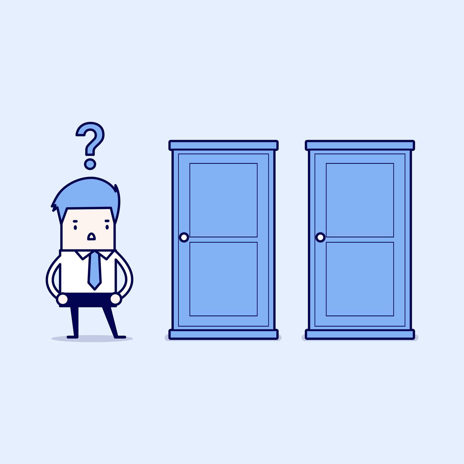 Businessman standing beside two doors, unable to make the right decision concept with question marks above his head. by windawake