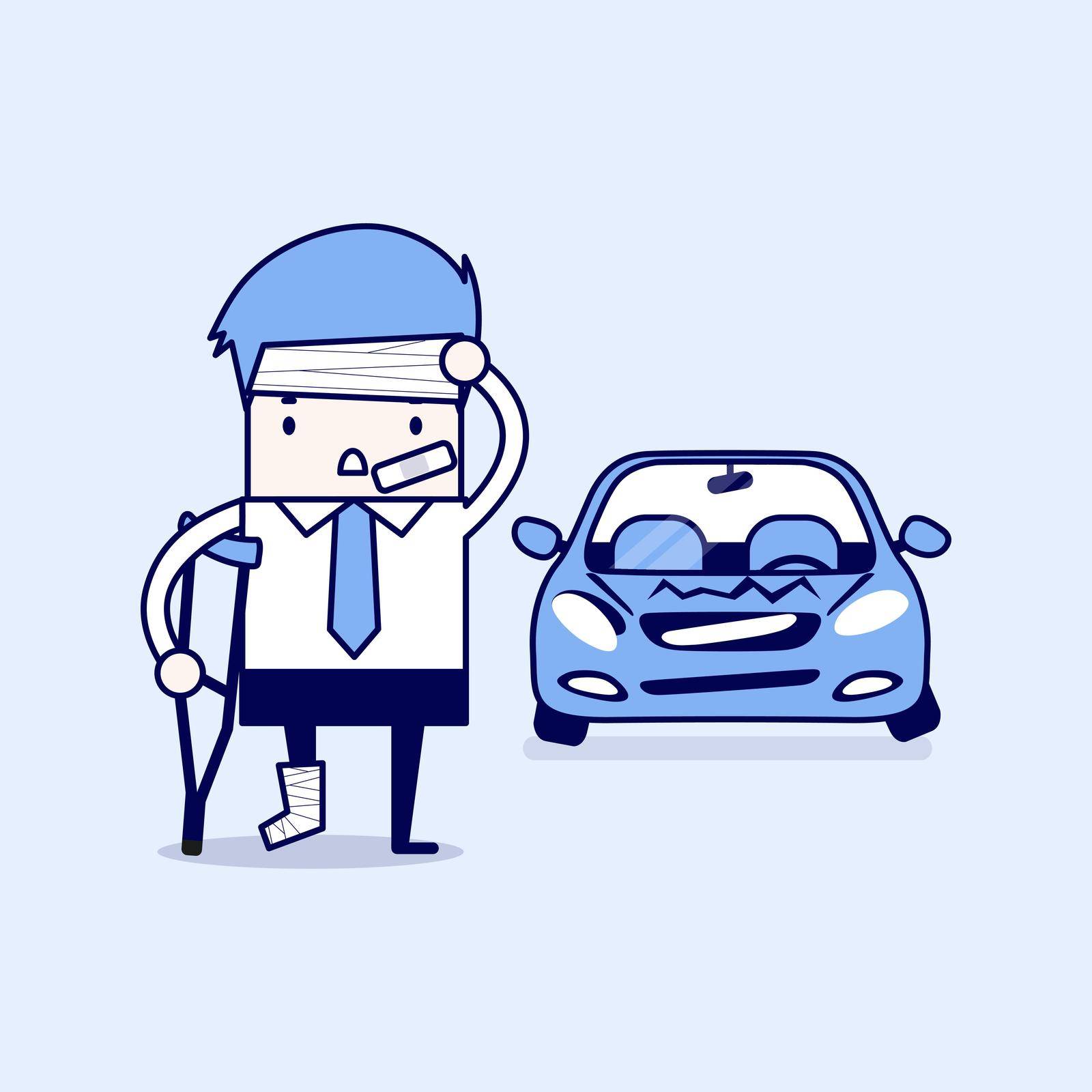 Businessman be injured with car accident. Cartoon character thin line style vector.