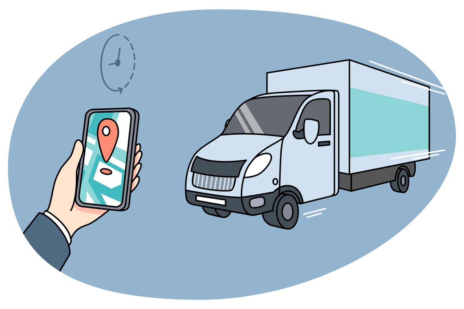 Person hold cellphone track order delivery on mobile application on gadget. Hand with smartphone check purchase status on map. Shopping and buying online. Vector illustration.