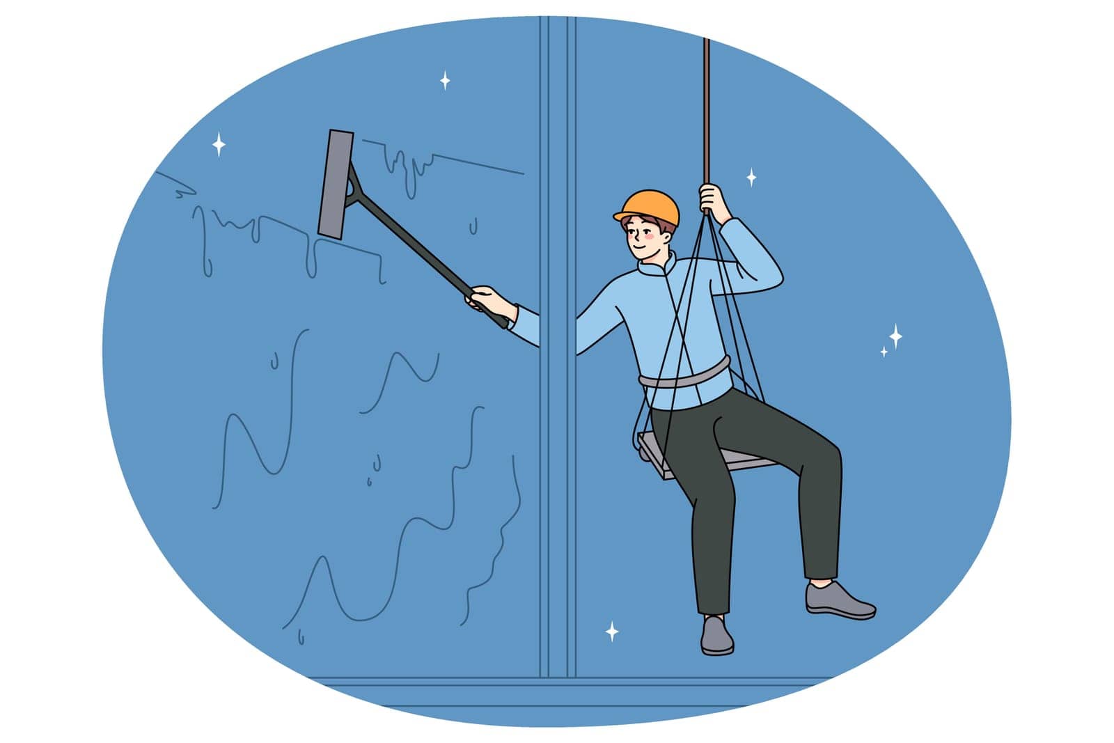 Male worker on safety ropes clean windows by Vasilyeva