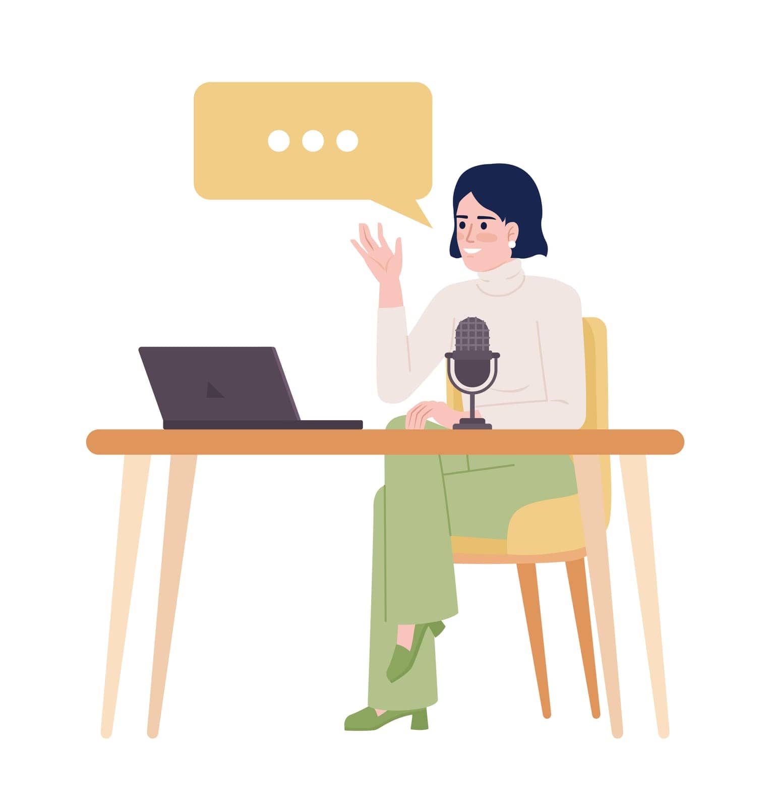 Female vlogger with laptop and mic semi flat color vector character. Editable figure. Full body person on white. Simple cartoon style spot illustration for web graphic design and animation
