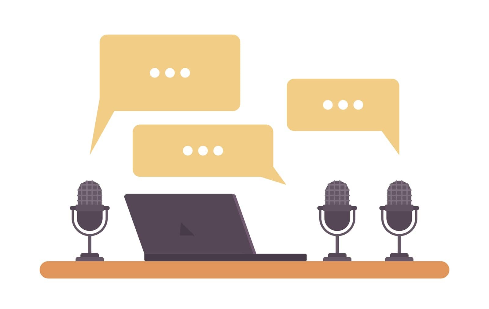 Desk with laptop and microphones semi flat color vector objects. Speech clouds. Editable icon. Full sized items on white. Simple cartoon spot illustration for web graphic design and animation