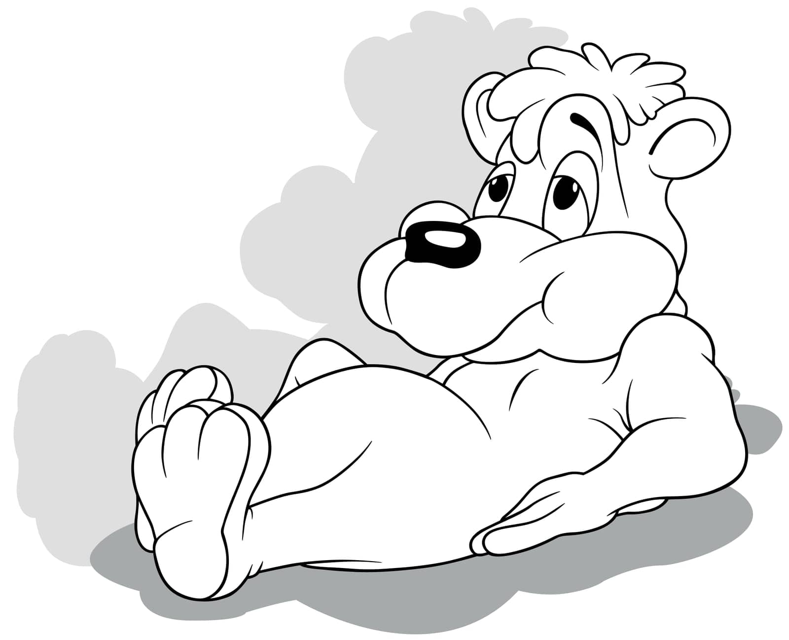 Drawing of a Resting Teddy Bear Leaning on his Elbows - Cartoon Illustration Isolated on White Background, Vector