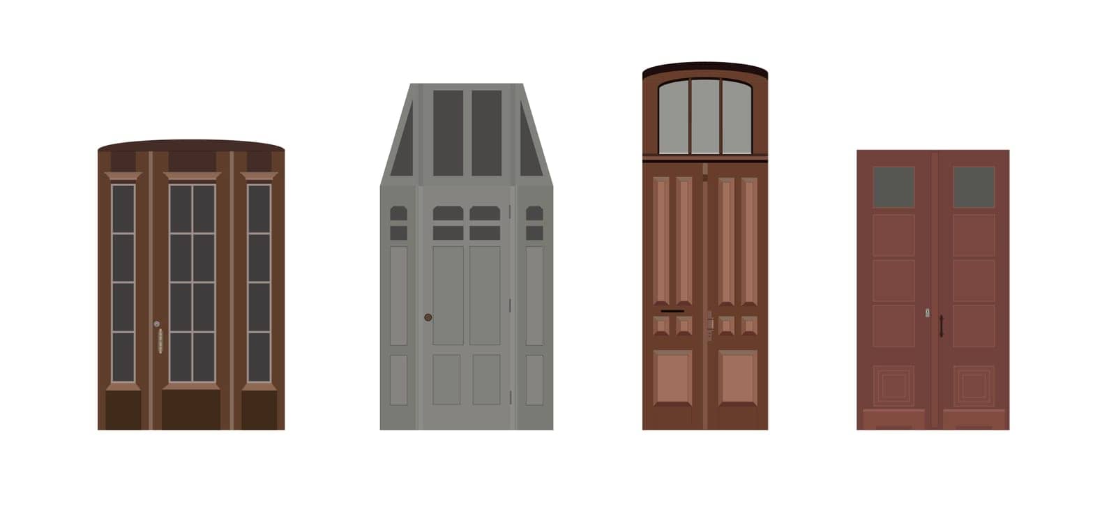 Set of 4 entrance door portal with glass windows. Entry front doorway, european style design. Vector illustration.