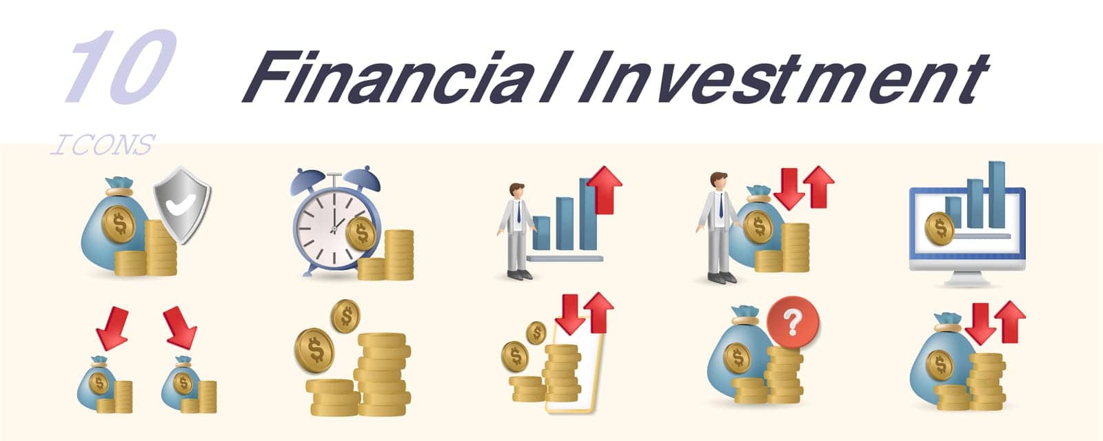 Financial investment icons set. Creative elements: investment security, duration, high growth opportunities, investor, economy, investment choice, currency, platform, information, investment.