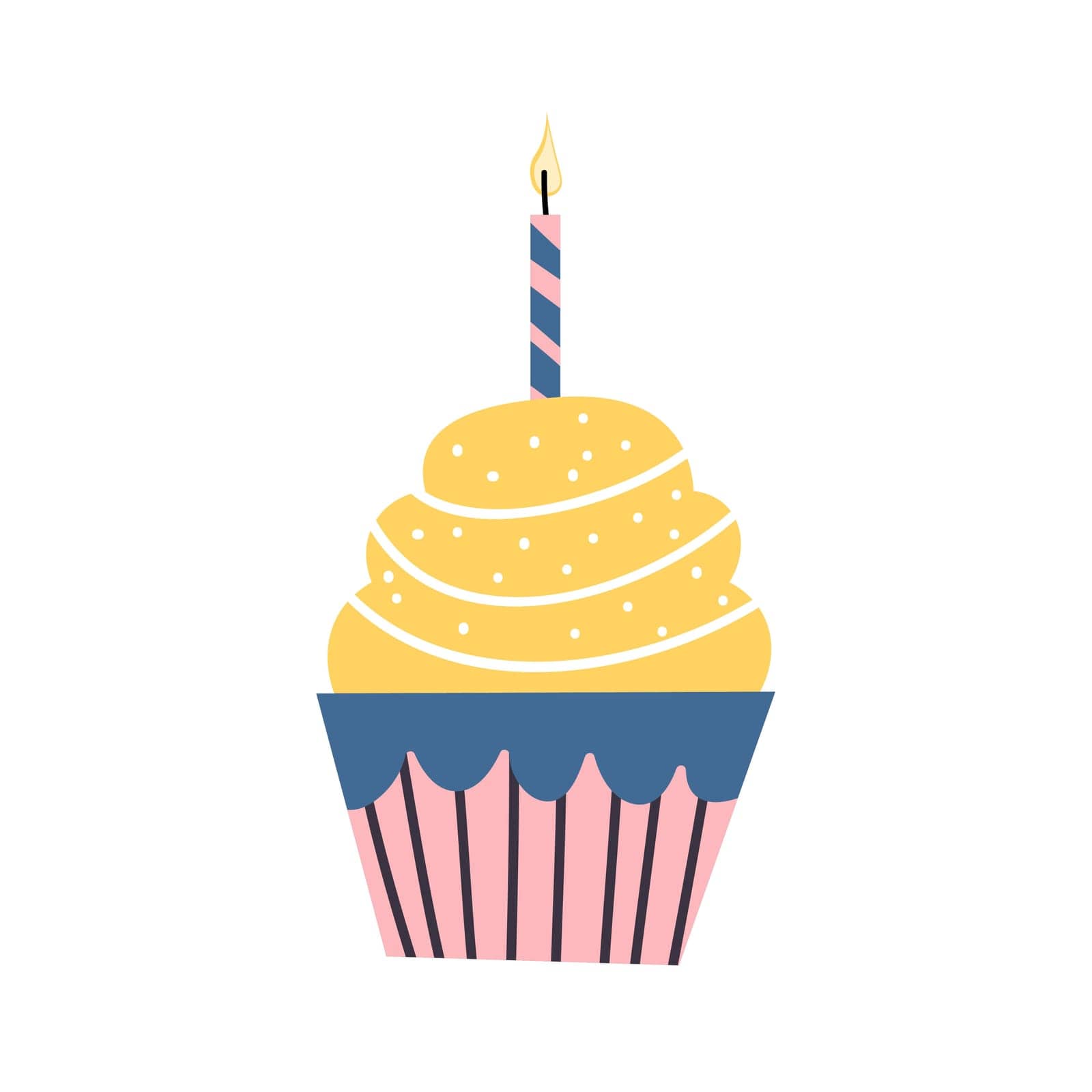 Cupcake with a candle on a birthday, flat. Vector illustration.