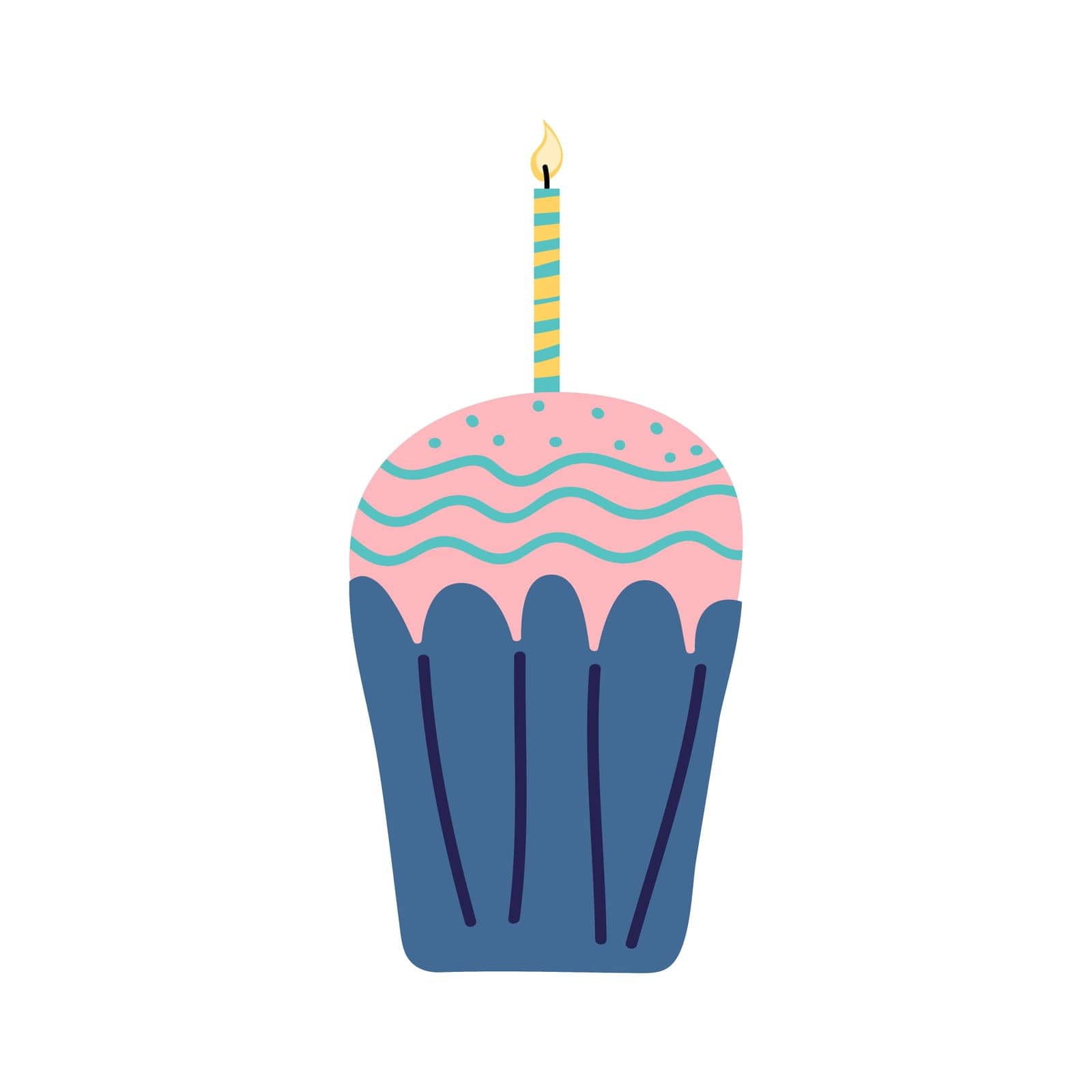 Cupcake with a candle on a birthday, flat. Vector illustration.
