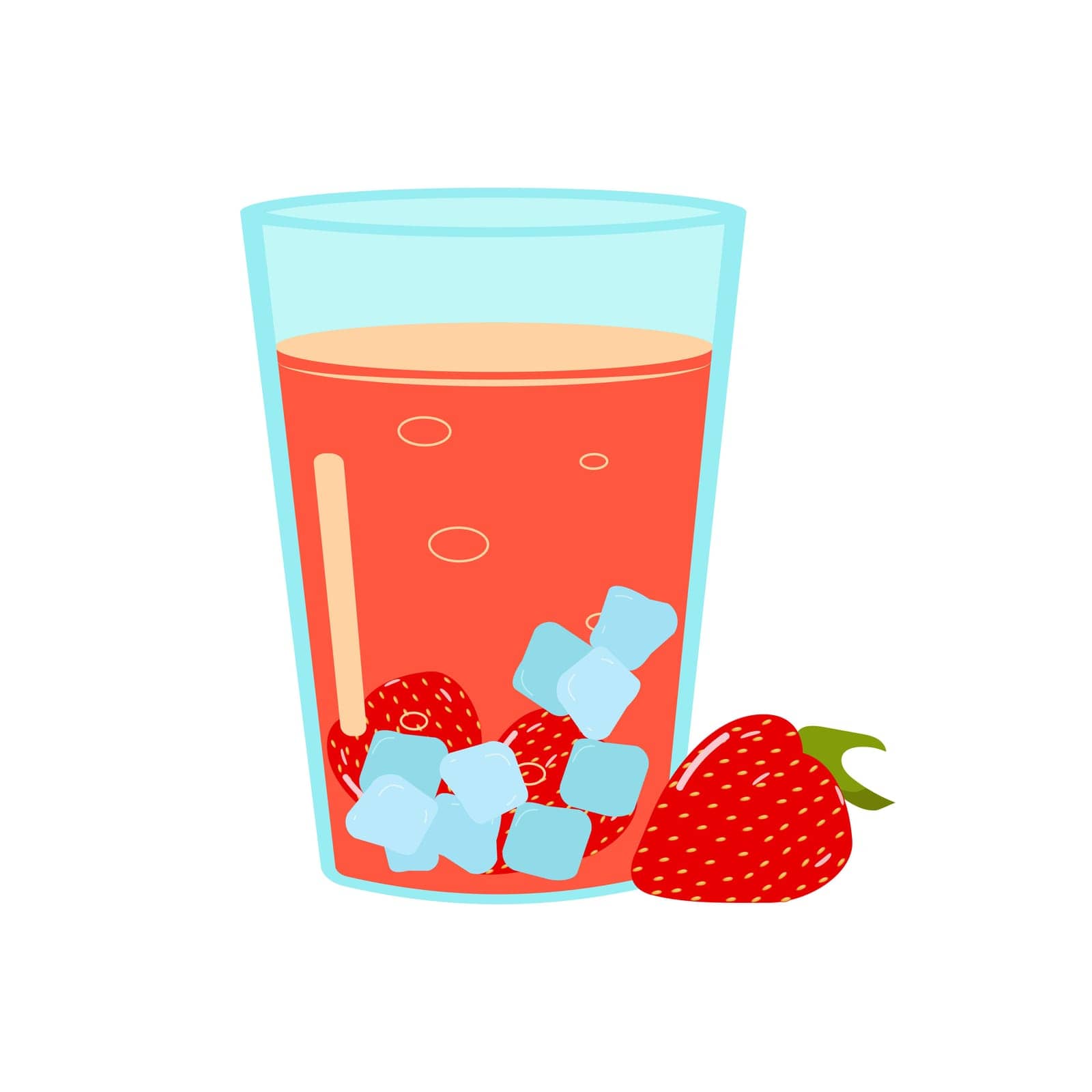 Summer soft fruit cold refreshment drinks glass. Strawberries with ice. Isolated vector illustration on a white background. For cafe menu design.