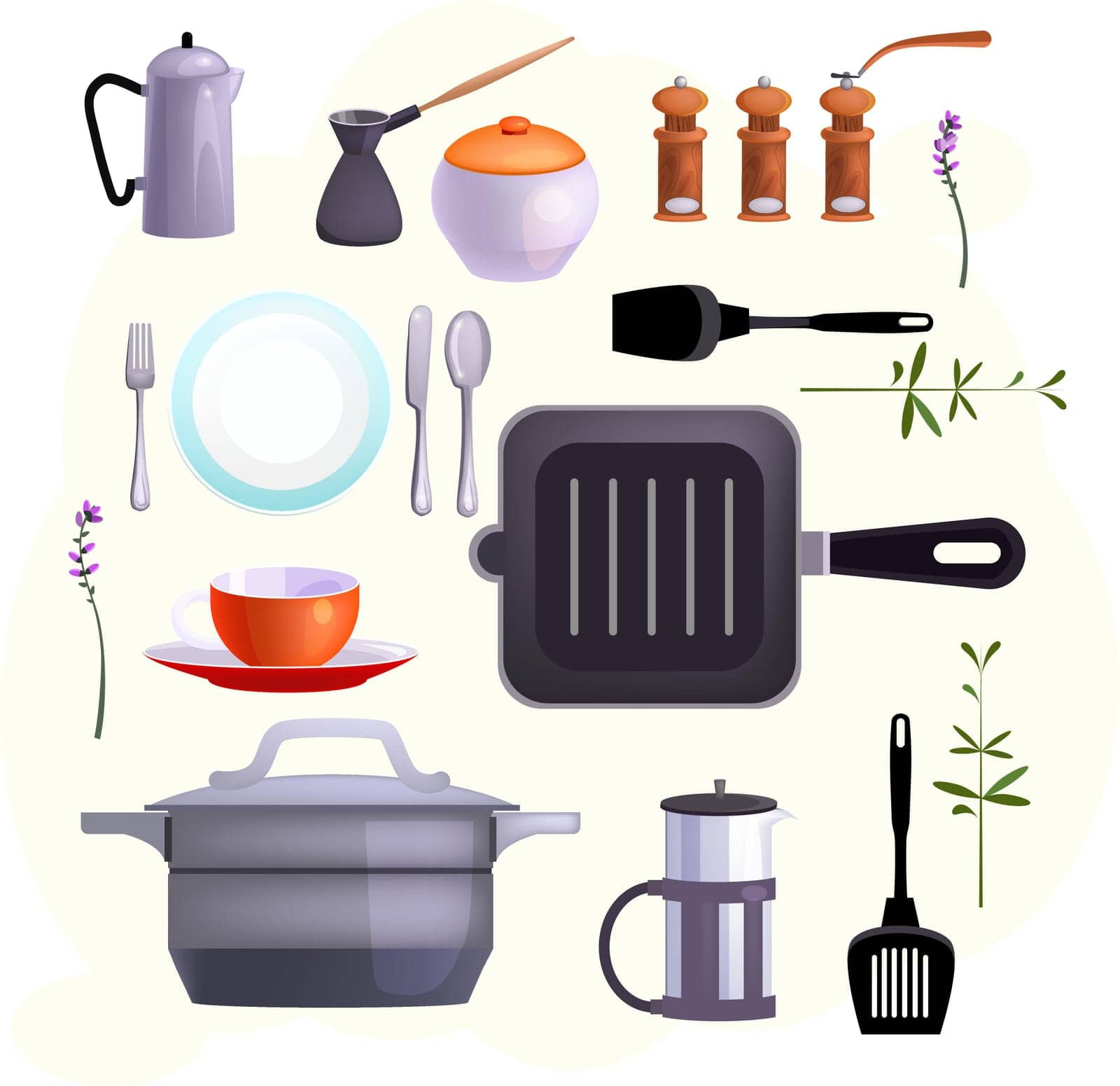Kitchen equipment icons. Set of line icons. Cutlery, cup, French press. Cooking concept. Illustrations can be used for topics like kitchen, cooking, eating