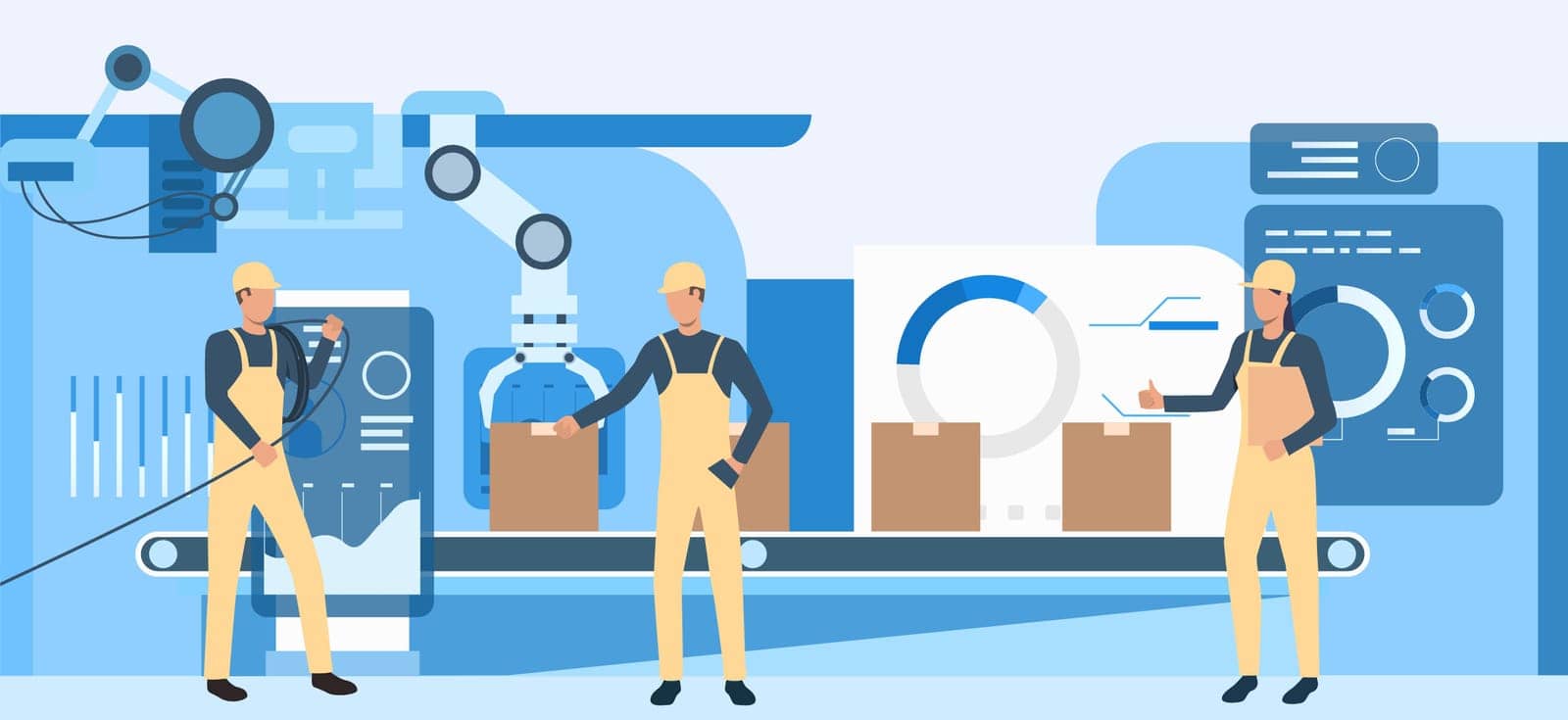 People working at factory illustration. Operational workers, conveyor belt, assembly line. Industry concept. Vector illustration for topics like production, machine, blue color