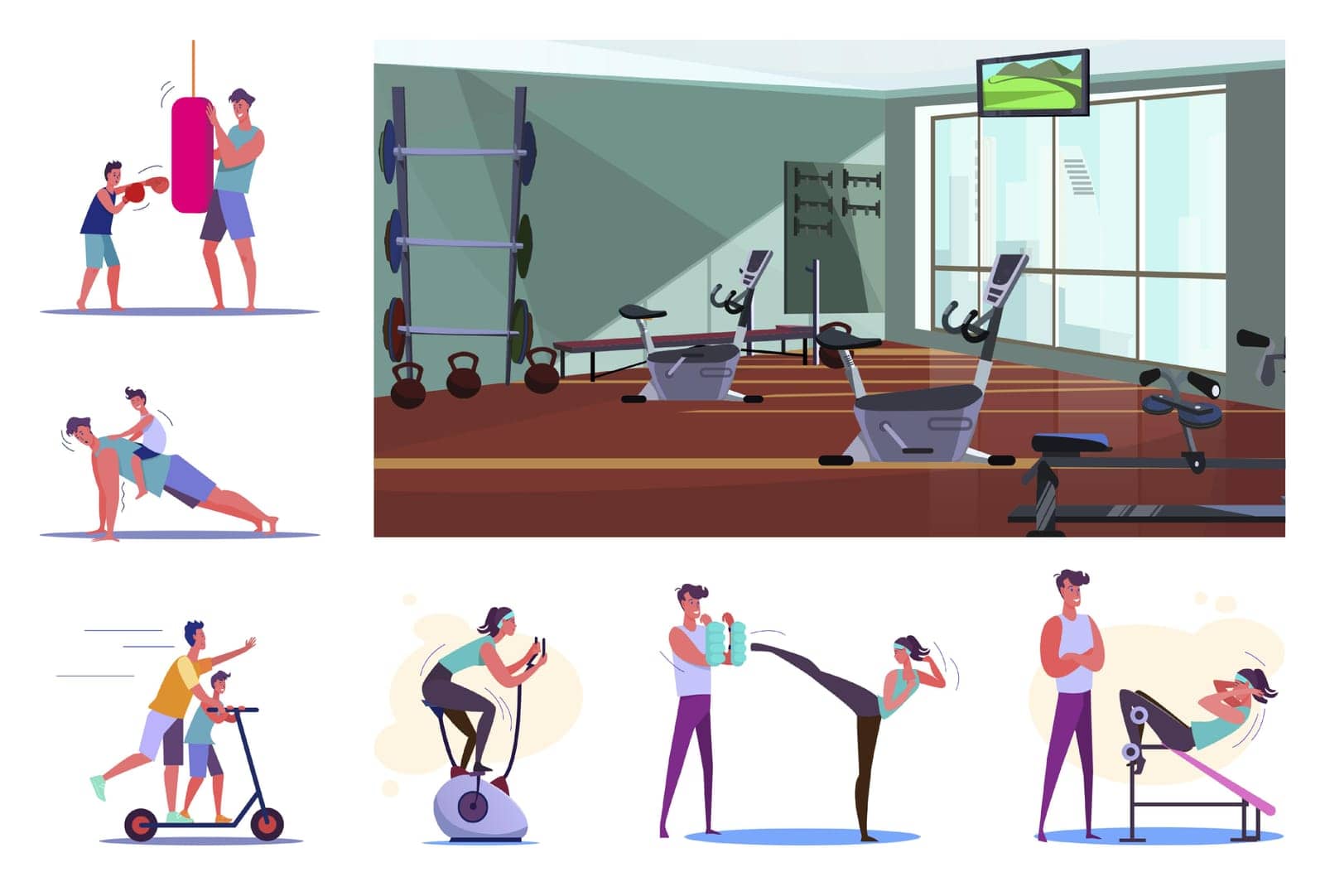 Set of sporty young people training. Flat vector illustrations of sportsmen boxing, doing pushups, exercising on stationary bicycle. Sport concept for banner, website design or landing web page
