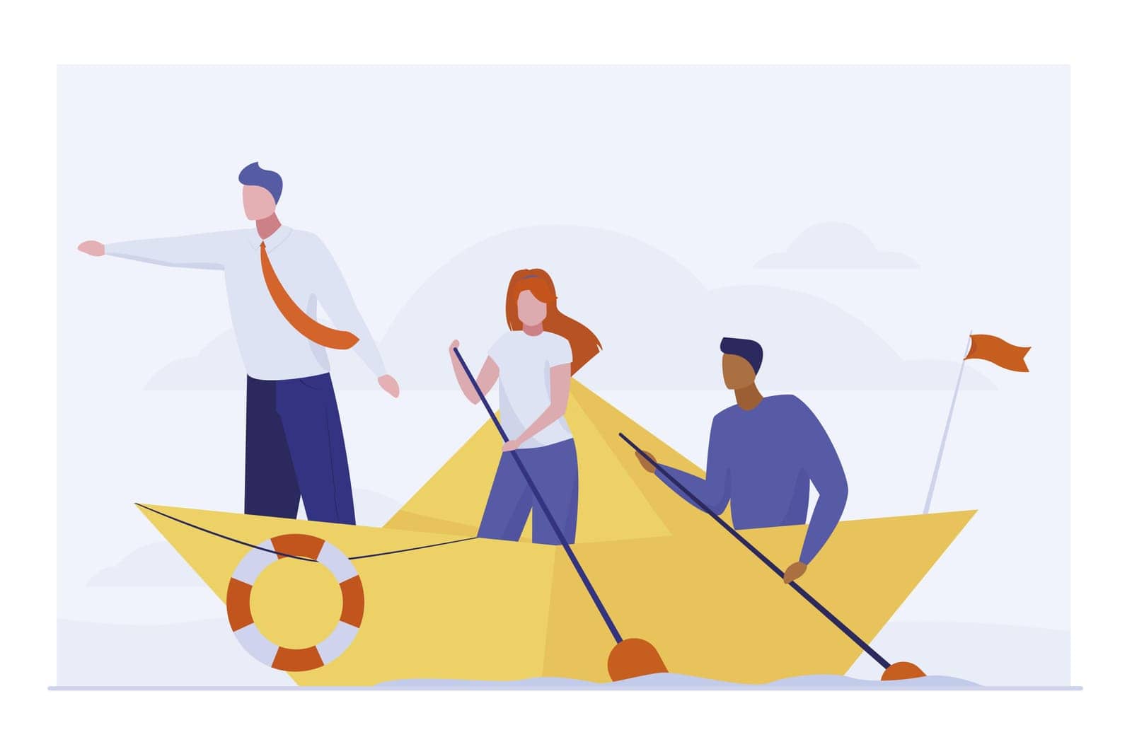 Business team rowing boat. Leader pointing hand forward flat vector illustration. Teamwork, travel, leadership concept for banner, website design or landing web page