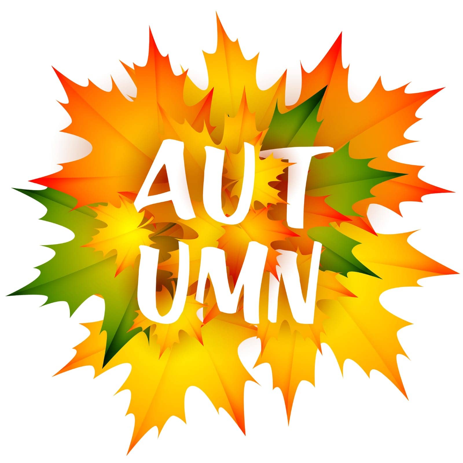 Autumn seasonal leaflet design with bunch of leaves. Handwritten text with orange, green and yellow maple foliage. Vector illustration can be used for banners, brochures, greeting cards