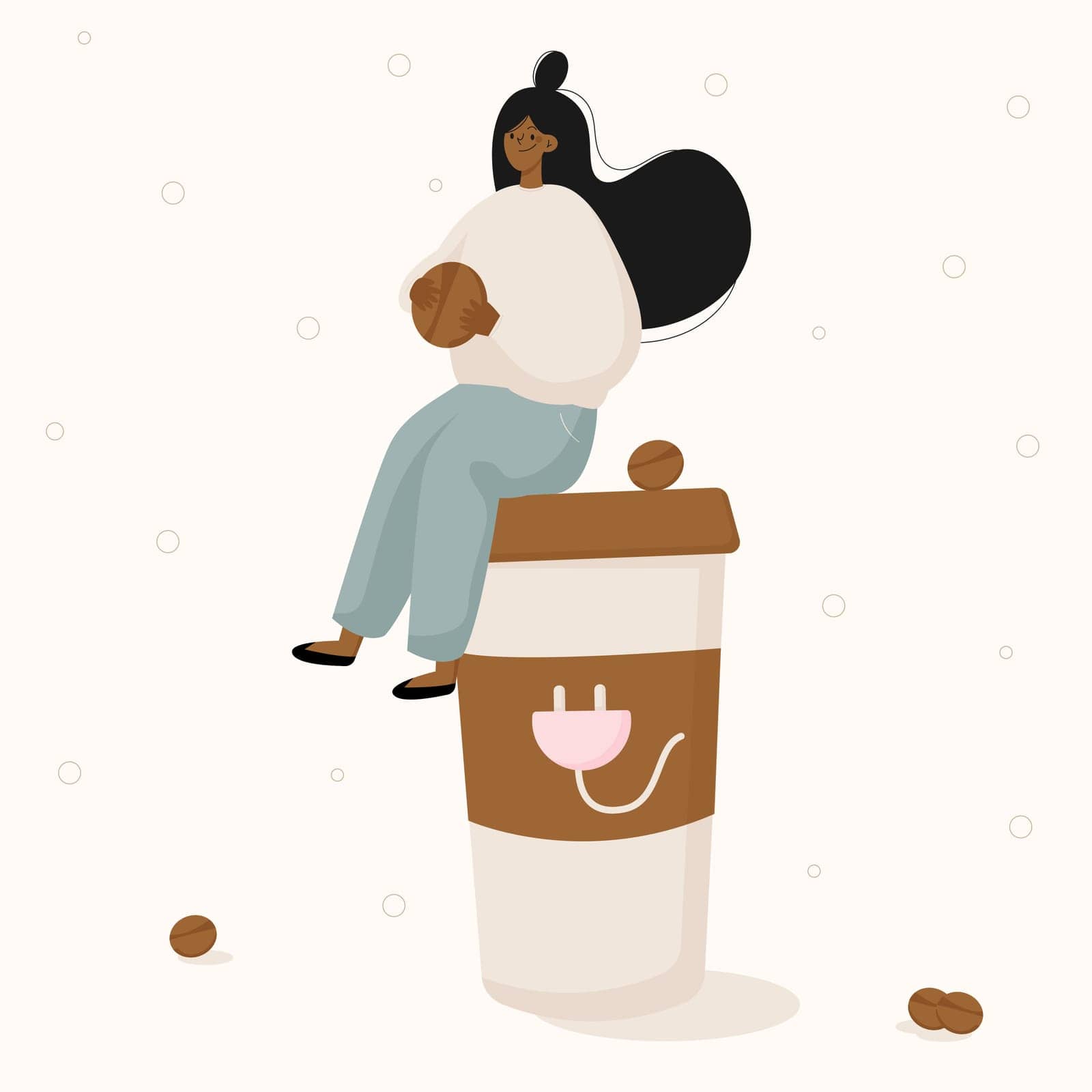 Girl sitting on a large mug of coffee.Woman with large cup of coffee and coffee beans.Energy caffein vector illustration.
