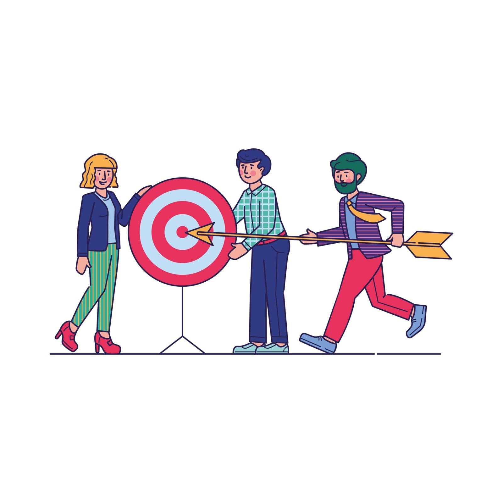 Successful team carrying arrow to aim. Business professional hitting target together. Vector illustration for challenge, goal, achievement, teamwork, business, marketing, strategy concept