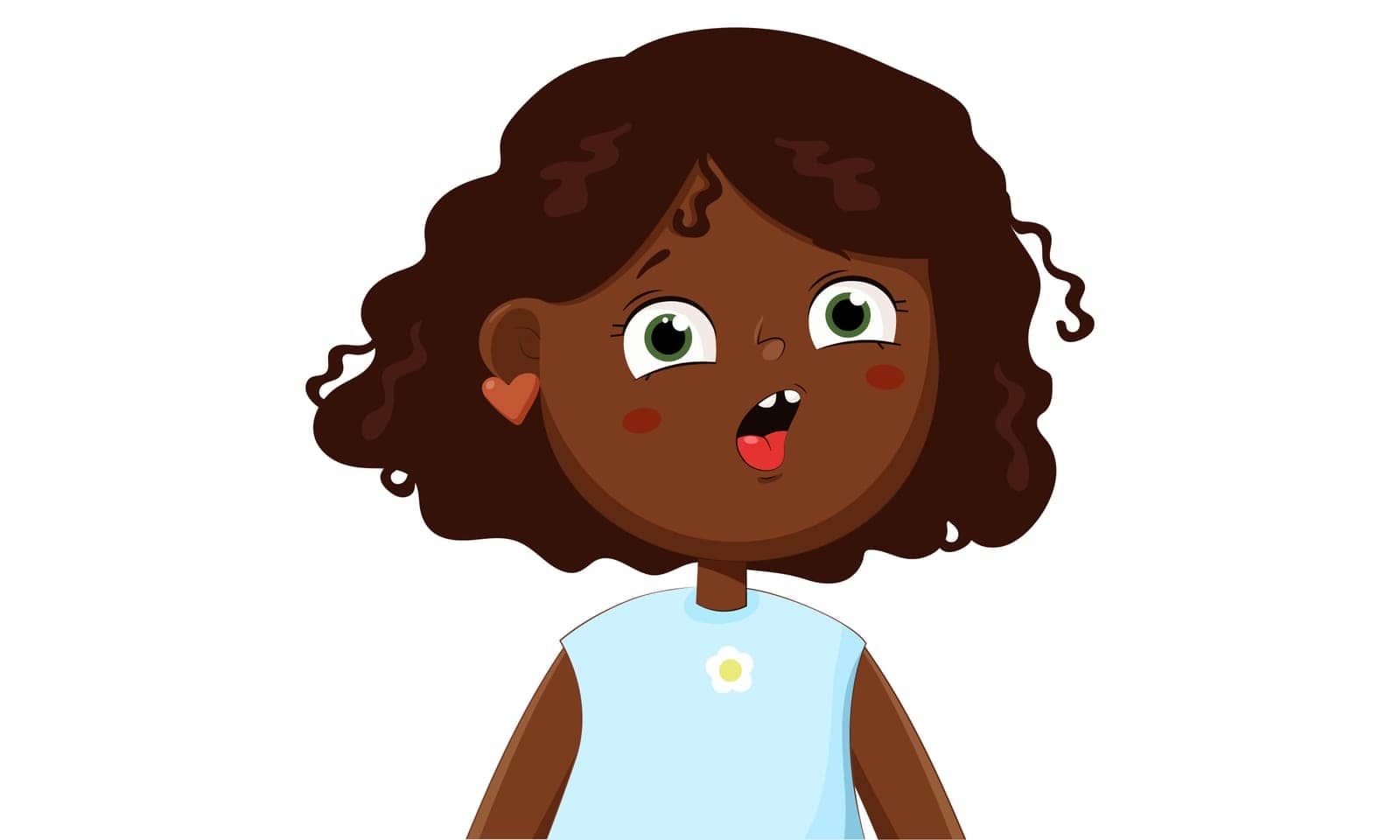 Amazed Funny Little Black skin Girl Cartoon Character Illustration.Suprised cute child isolated white backround.Vector illustration.